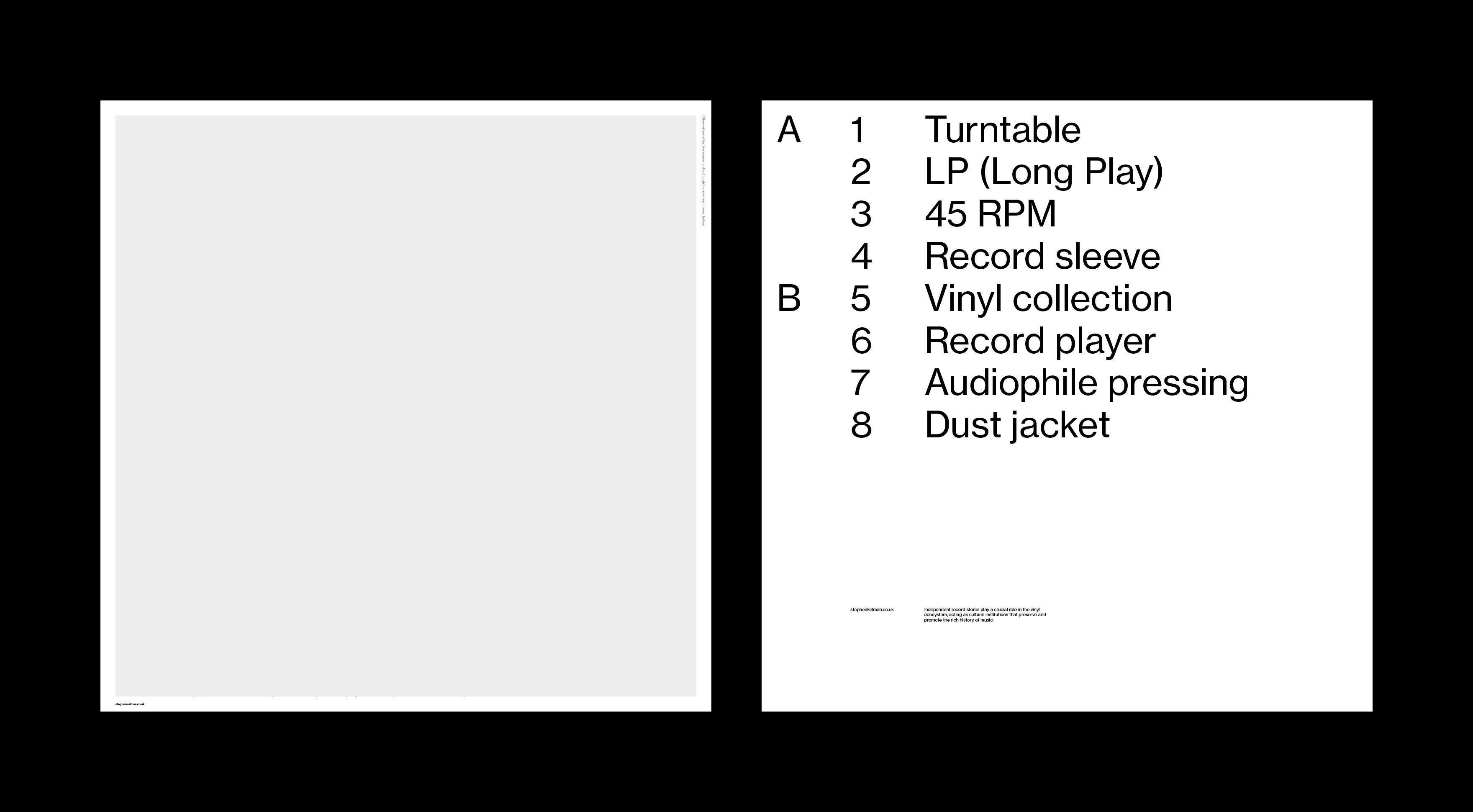 Record sleeve mockup with contrasting text blocks and structured grid use.