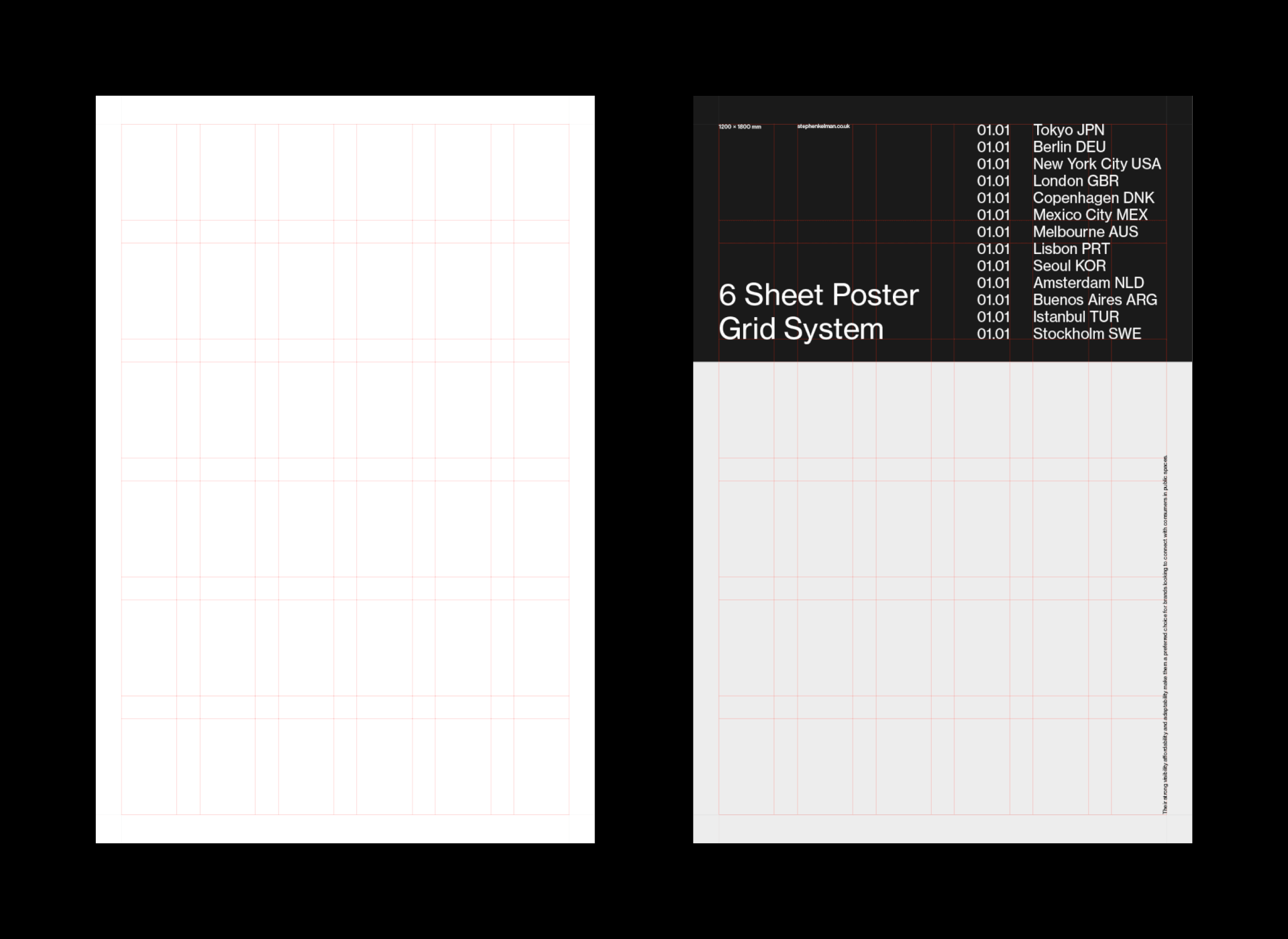 A side-by-side view of a 6-sheet poster template and its underlying grid system. The layout uses a flexible column and row structure to organise large-format content, with clear typographic hierarchy and a balanced composition. This example highlights how a grid system supports layout consistency and typographic clarity across poster design formats.