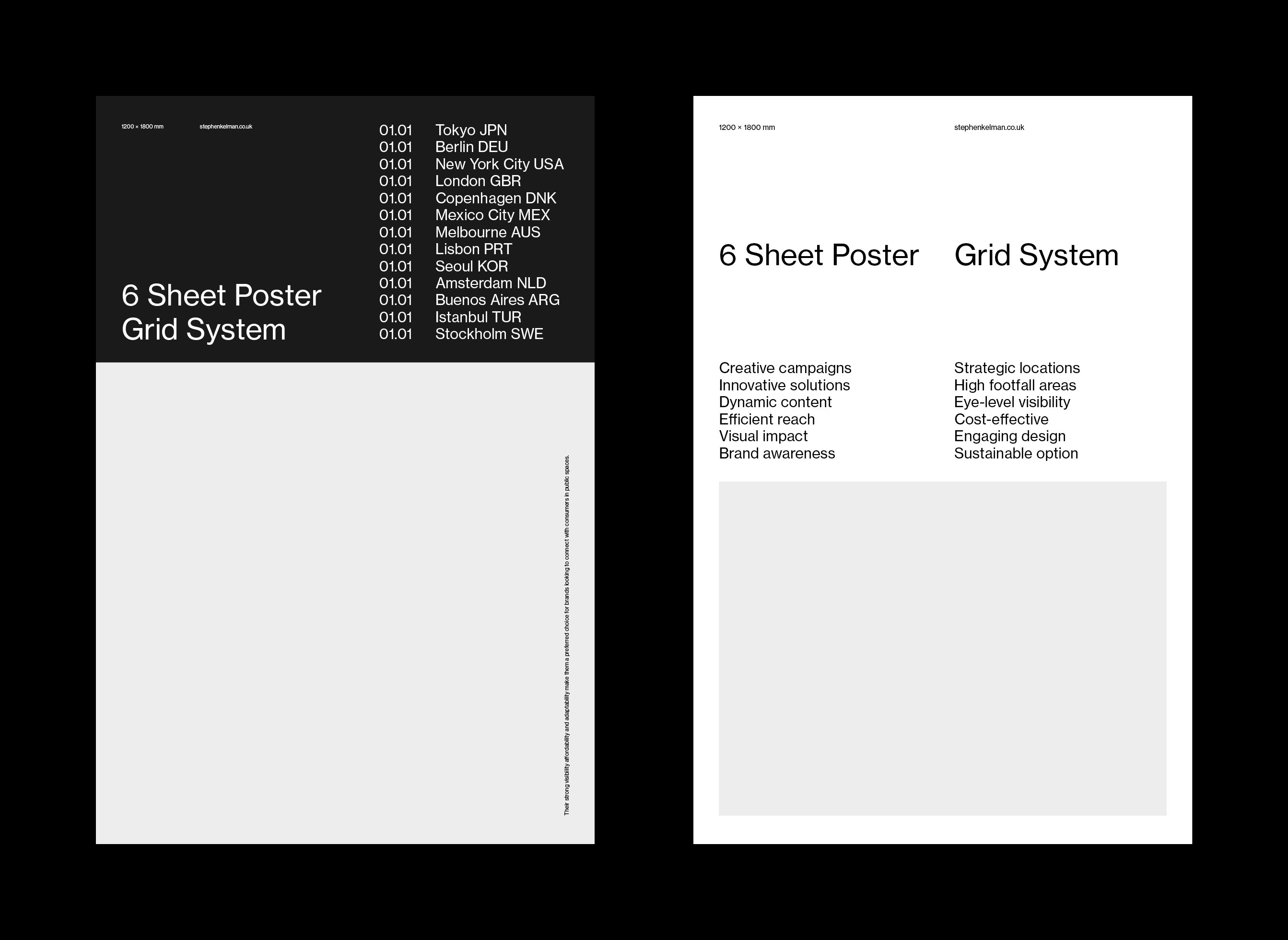 Two examples of a 6-sheet poster design using a structured grid system to organise typographic content and layout elements. The left poster uses a high-contrast design with location listings, while the right highlights marketing benefits through balanced columnar text. Both layouts show how grid systems support clarity, flexibility, and effective use of typography in large-format poster design.
