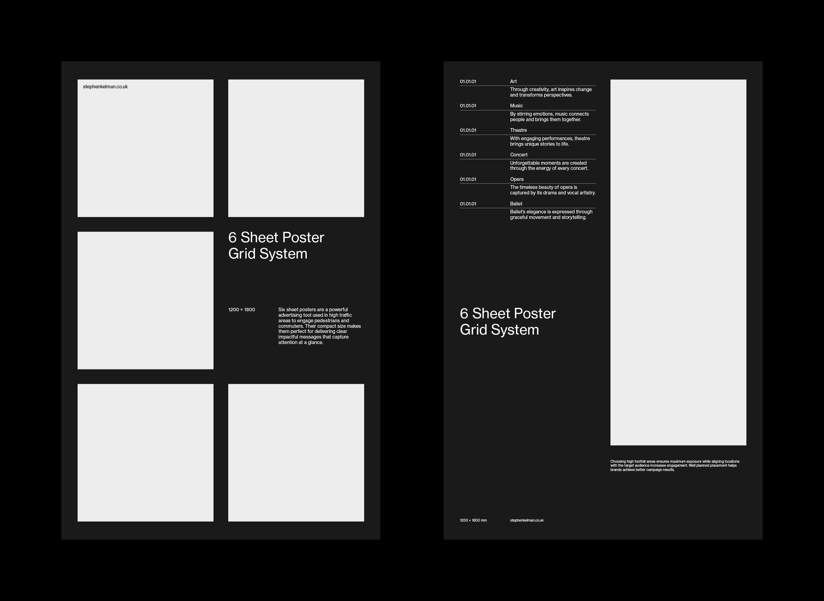 Two layouts showcasing the use of a grid system for 6-sheet posters, highlighting structured layout, balanced typography, and effective visual hierarchy. The left design features modular image placeholders with accompanying text, while the right presents a vertical content flow with themed dates and descriptions. Both demonstrate the role of grid-based layout and typography in creating clear, impactful large-format advertising.