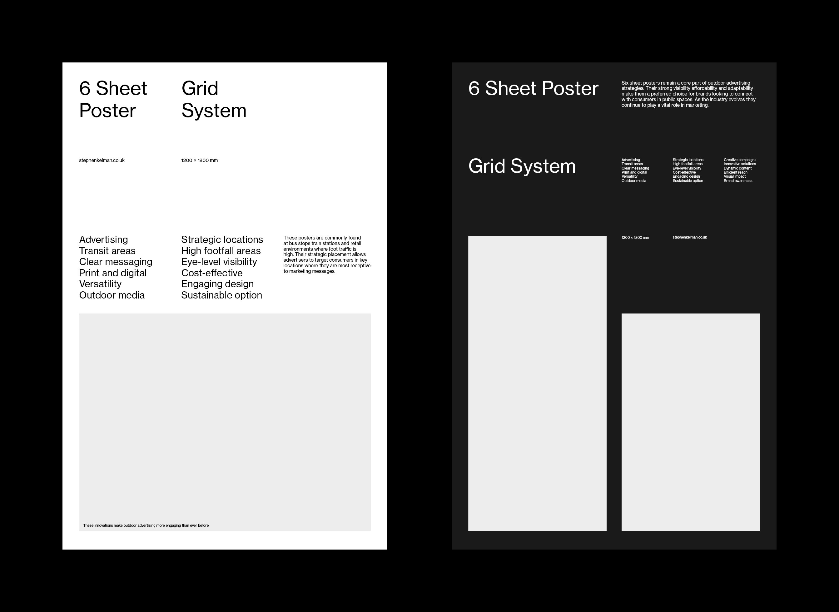 Two contrasting poster layouts presenting a 6-sheet grid system, emphasizing clean layout, considered typography, and clarity in outdoor media design. The left design uses a white background with evenly spaced content blocks, while the right employs a dark theme with staggered layout and modular image placeholders. Both compositions showcase how grid systems and thoughtful layout structure enhance visual communication in large-format advertising.