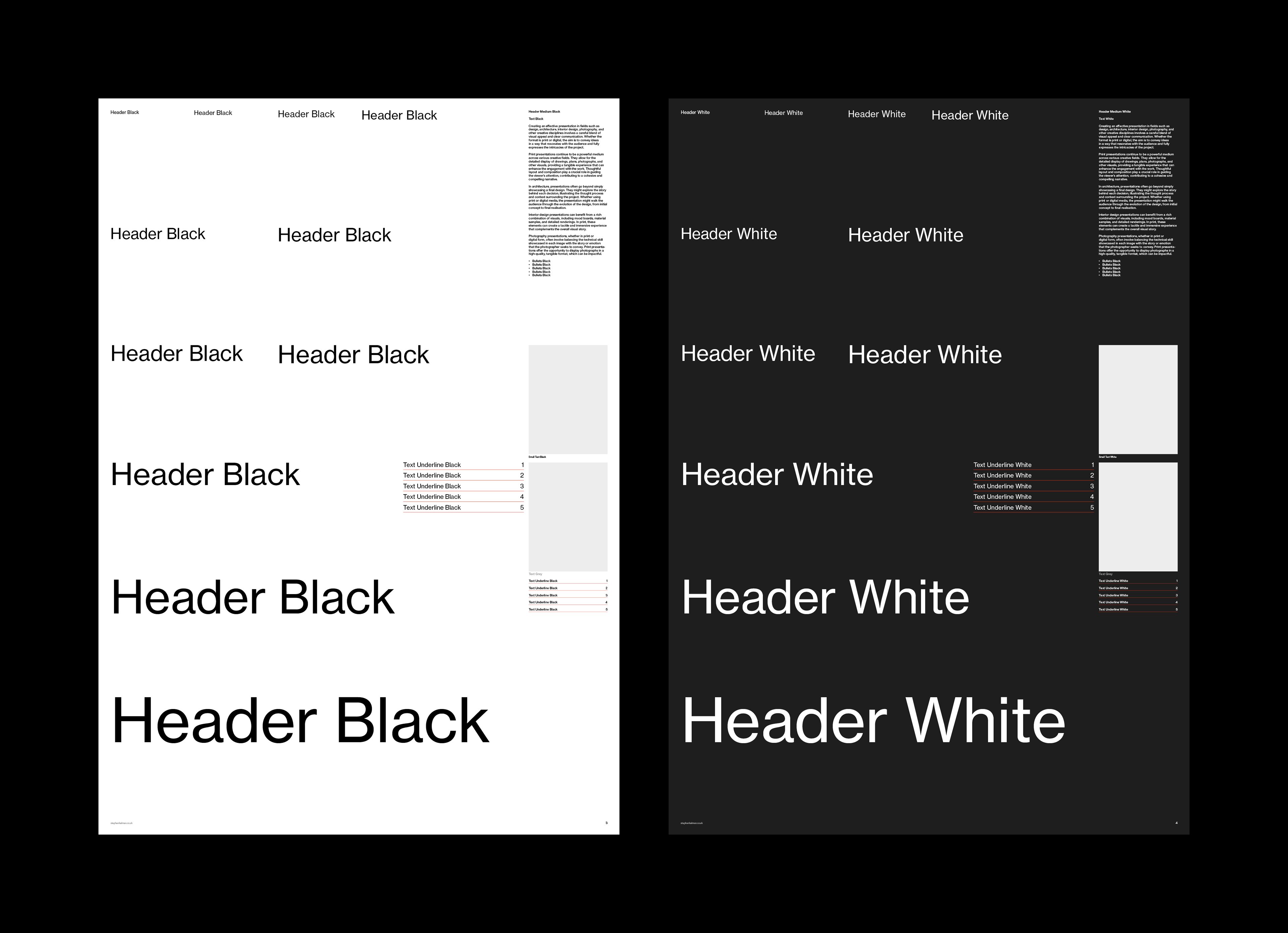 Type hierarchy ladder showing Header Black and Header White heading sizes on white and black posters.