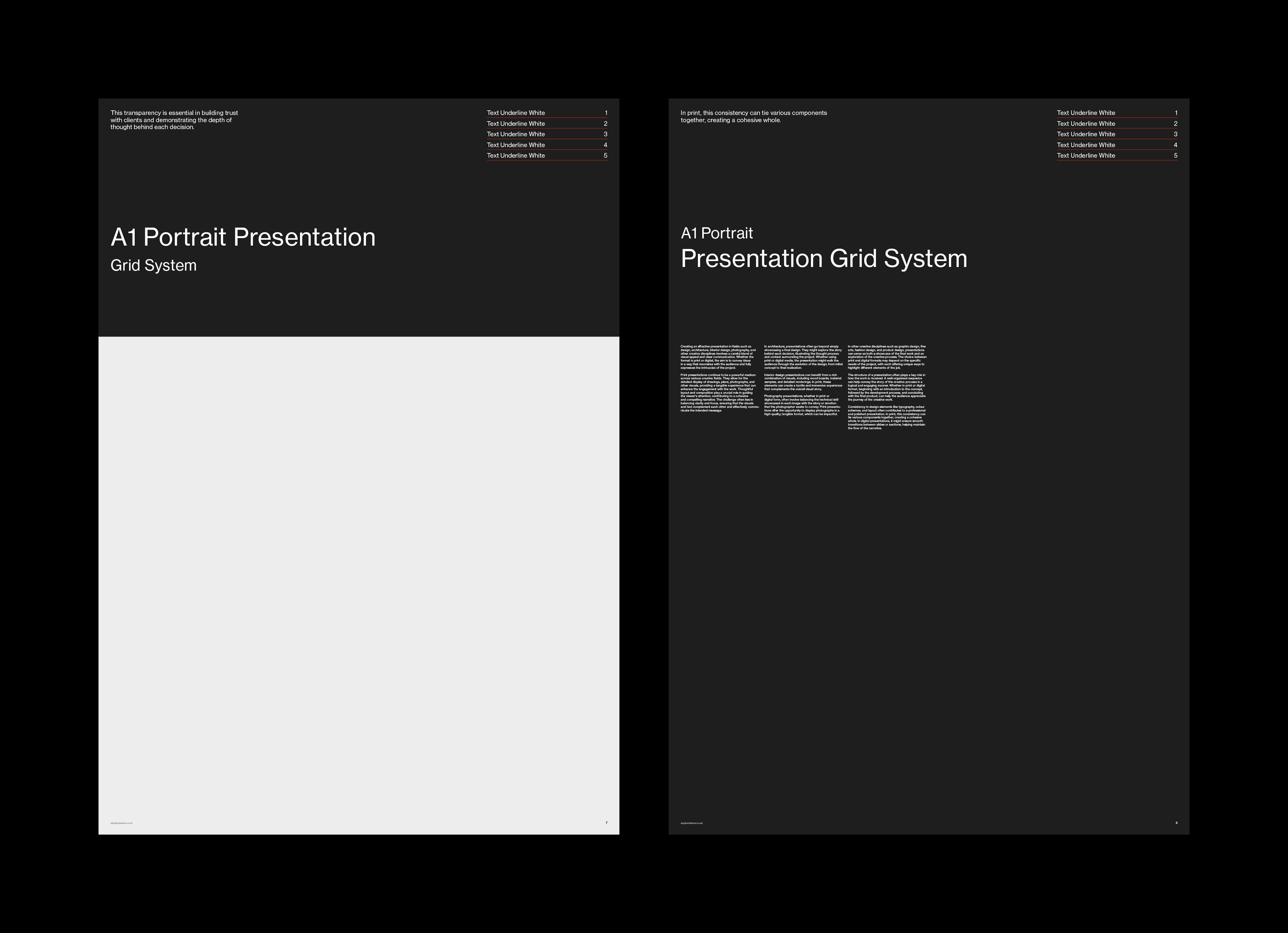Two dark layouts – a full-width image placeholder under the title and a text-only board with white copy columns.