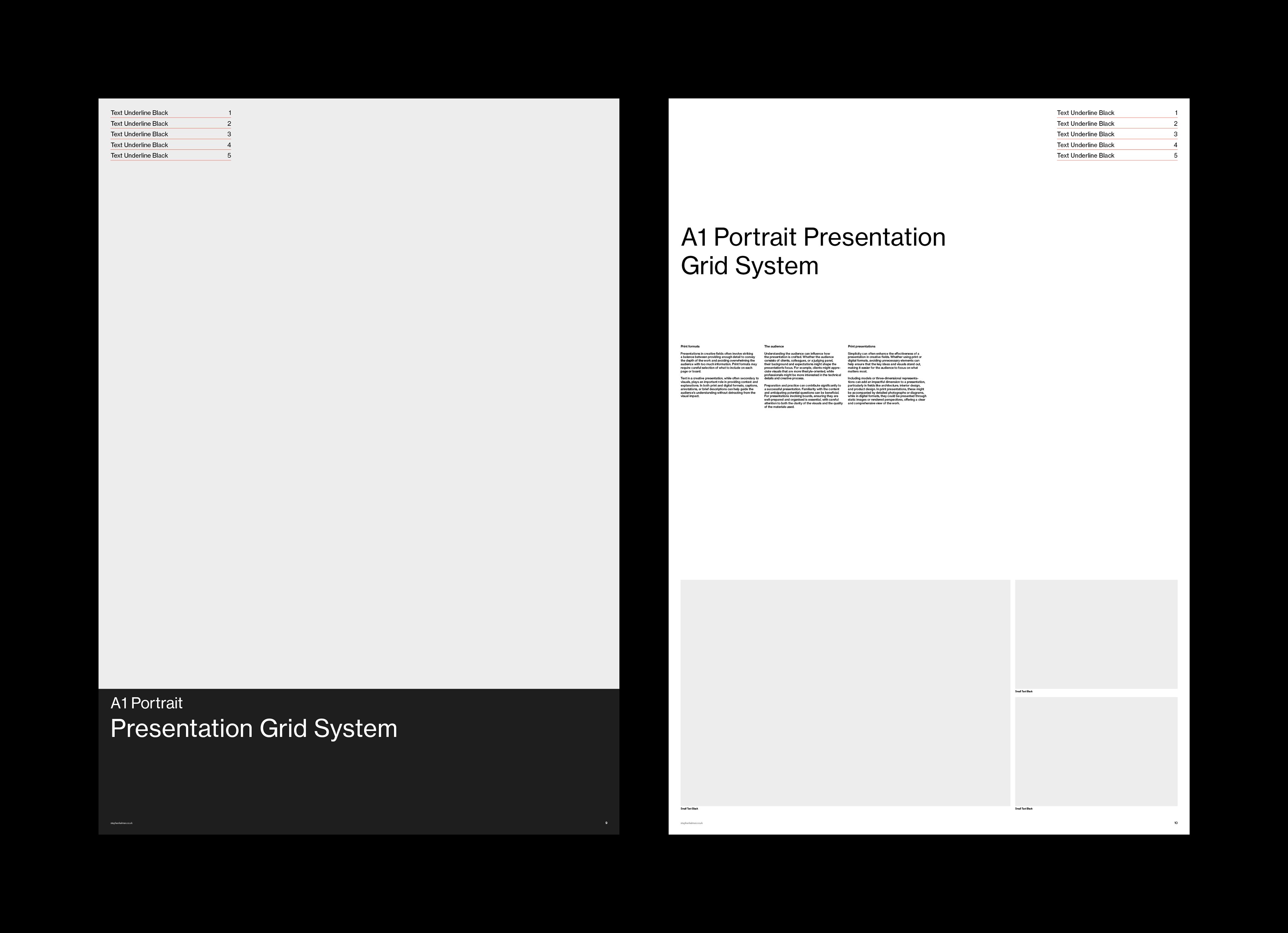Sample pair – tall image with black caption band, and a light board with three intro columns above image blocks.