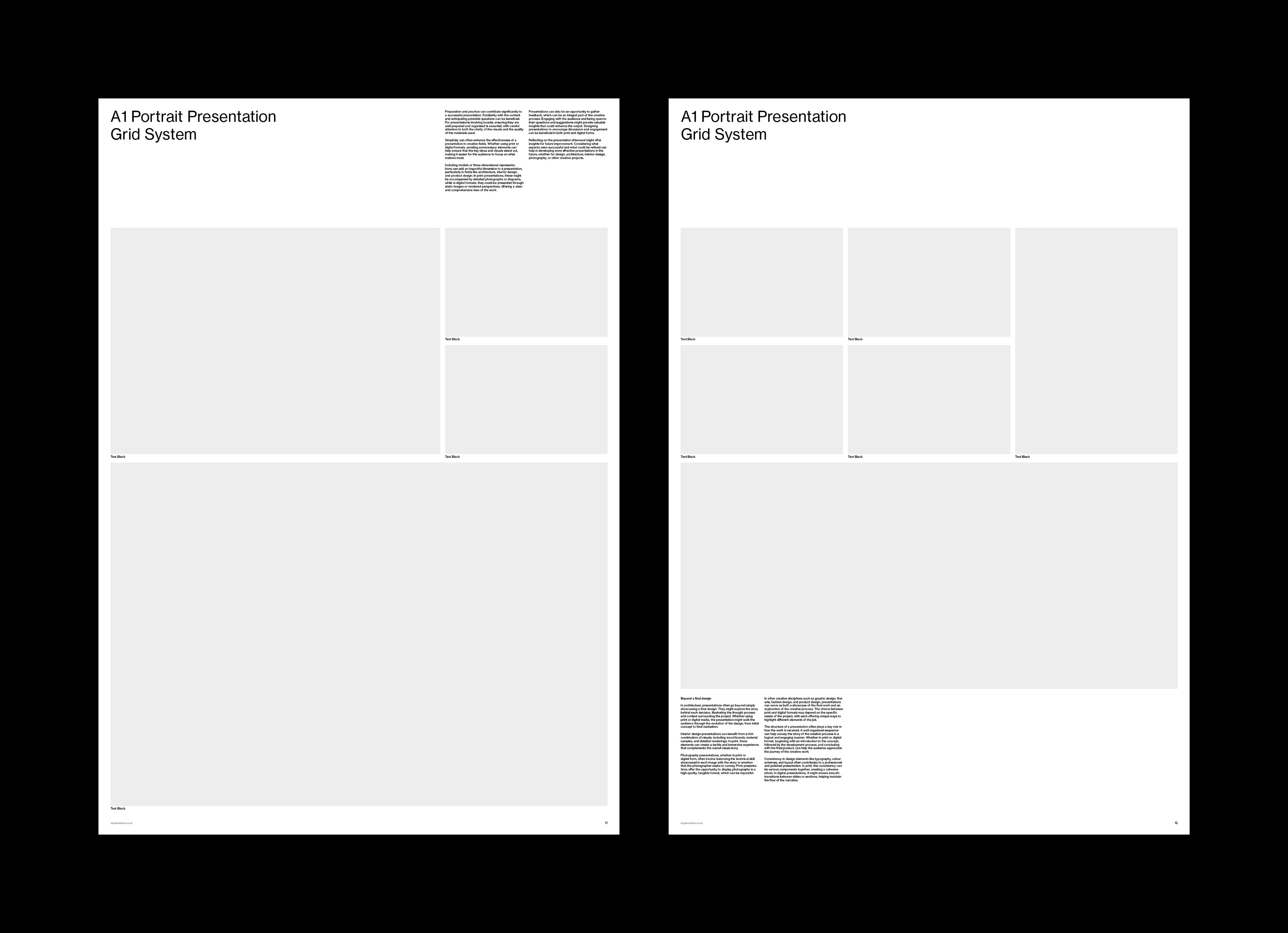 Two portrait sample layouts mixing large and small image placeholders with running caption columns.