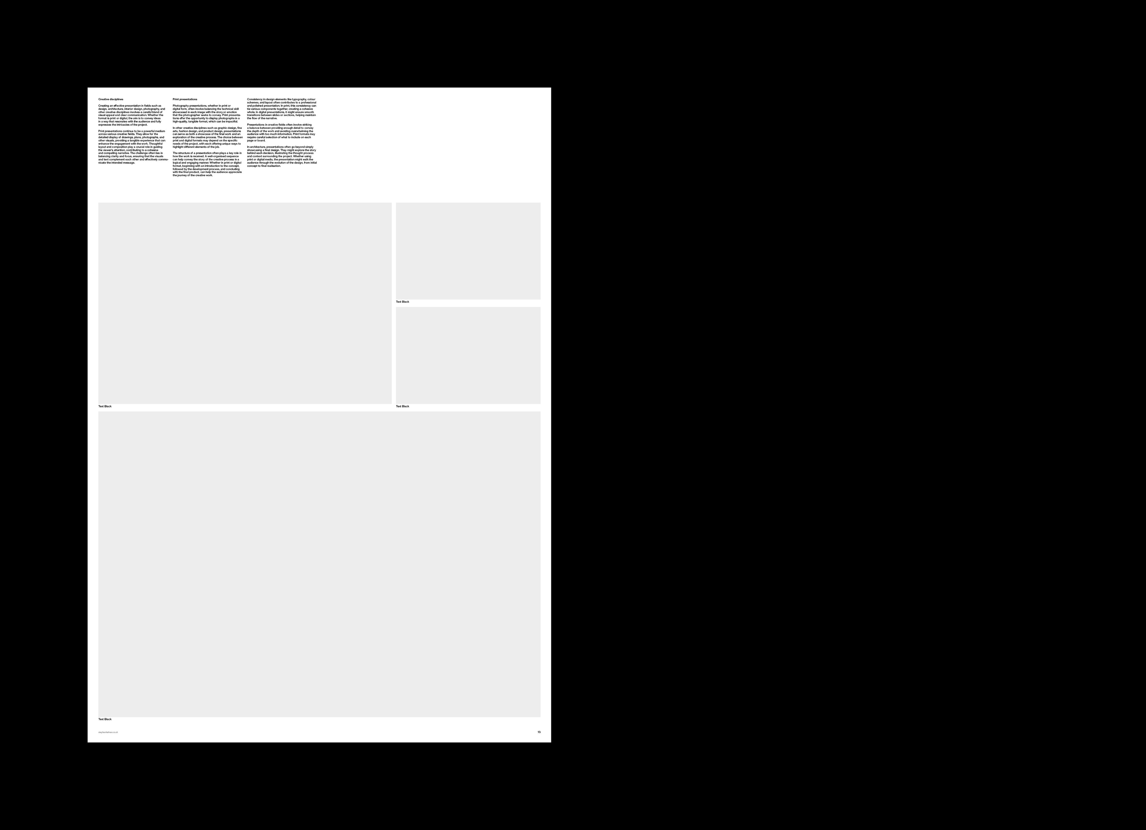 Portrait board with three columns of copy above a large image area and two smaller placeholders.
