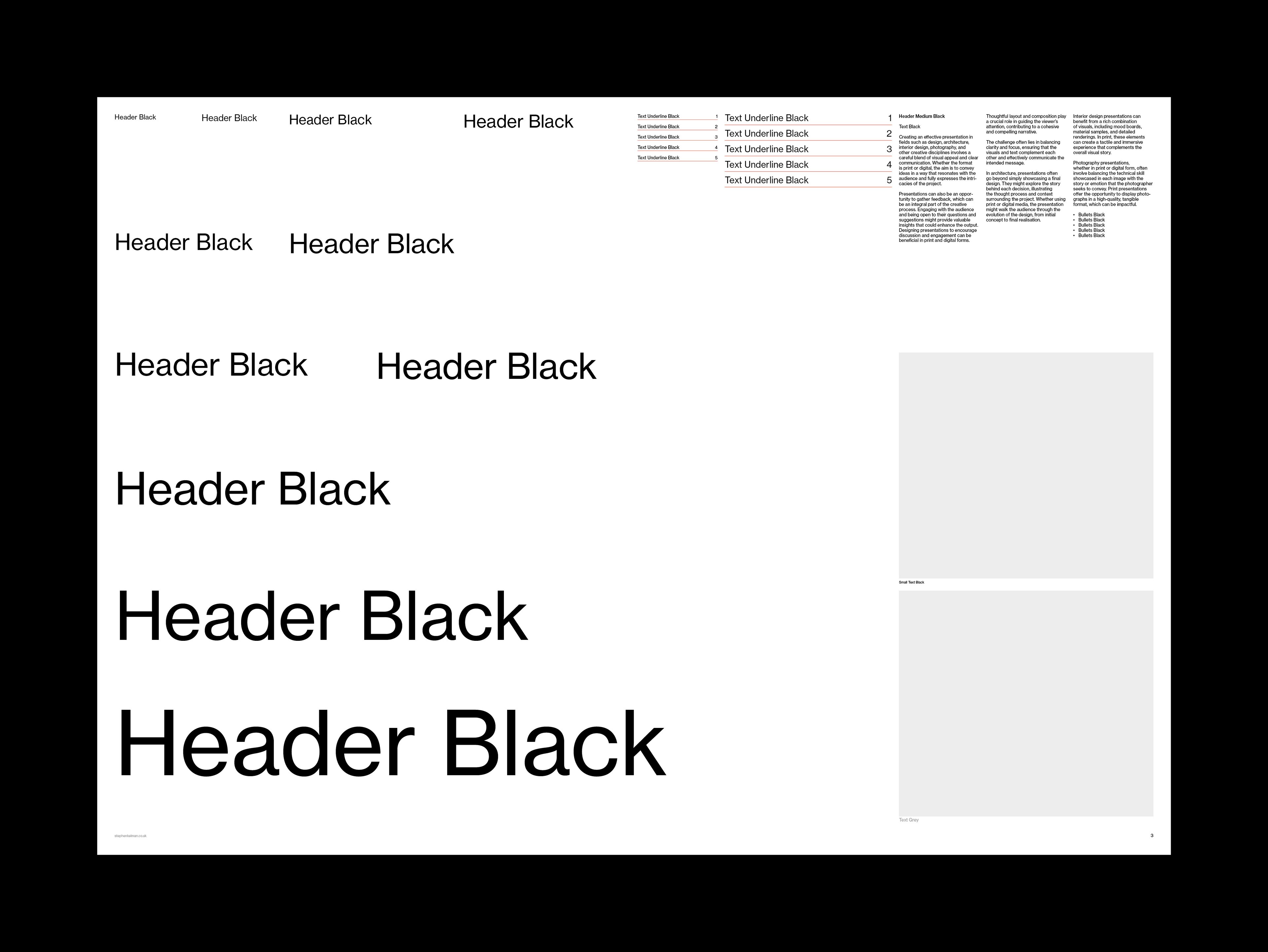 Header Black type hierarchy ladder from small to display sizes with caption and body columns.