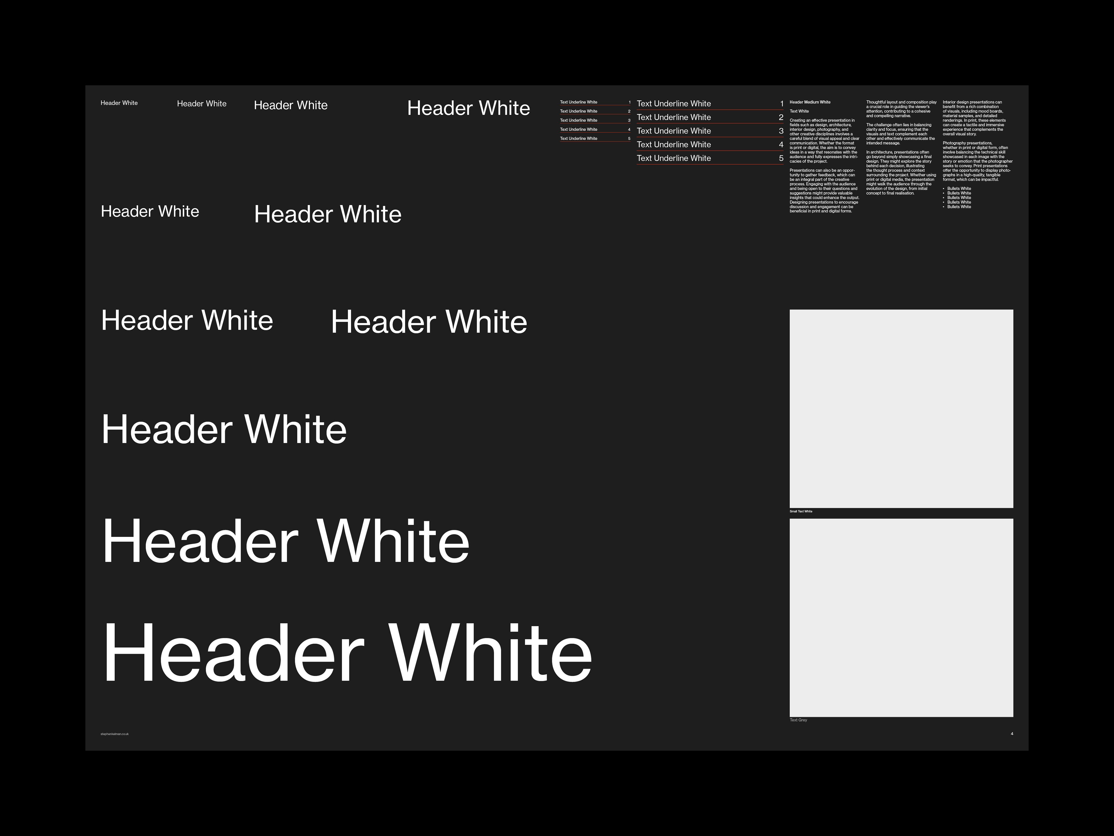 Header White type specimen on black showing the heading scale with stacked image placeholders.