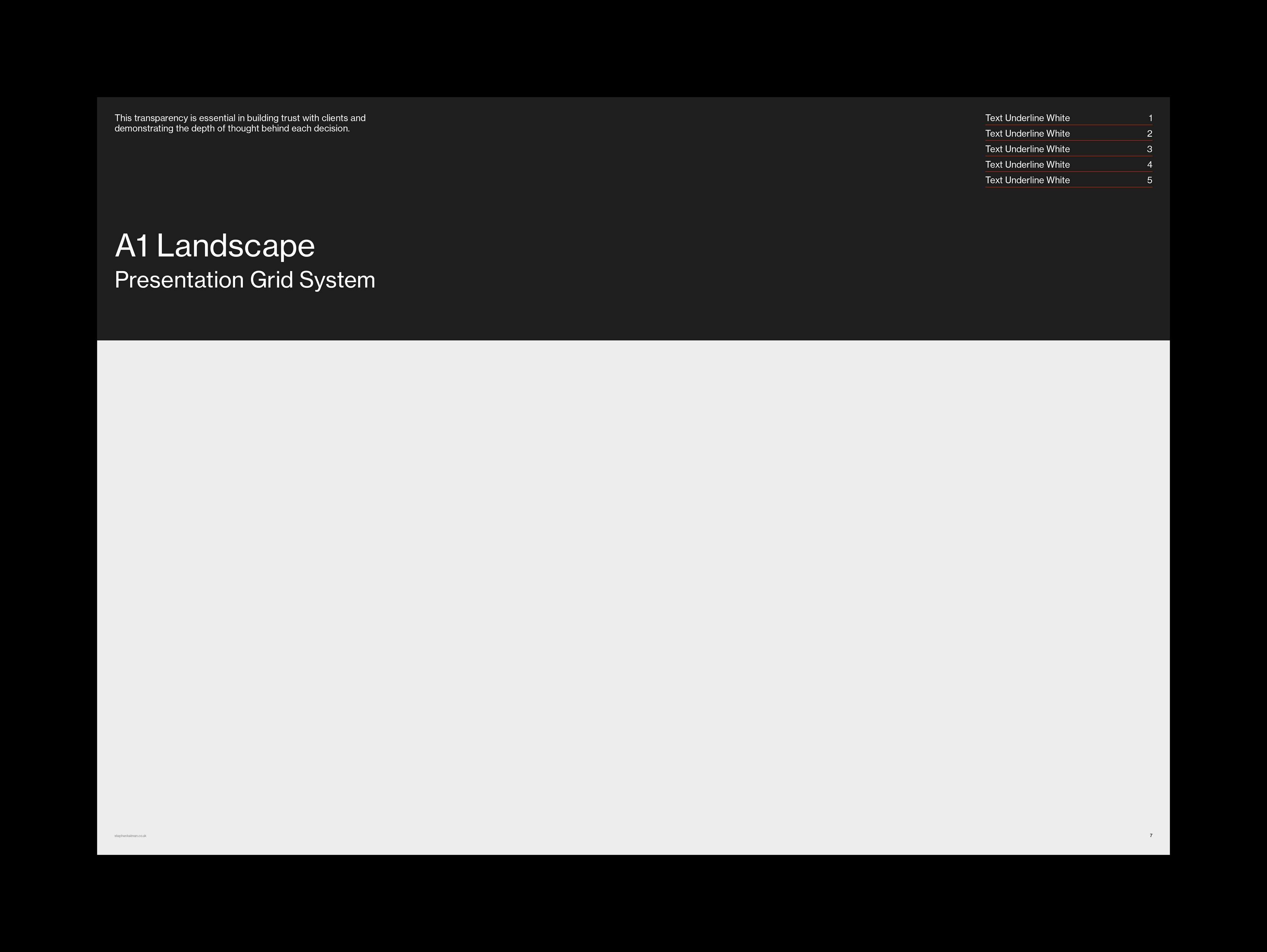 Dark divider layout with white title over a full-width image placeholder.