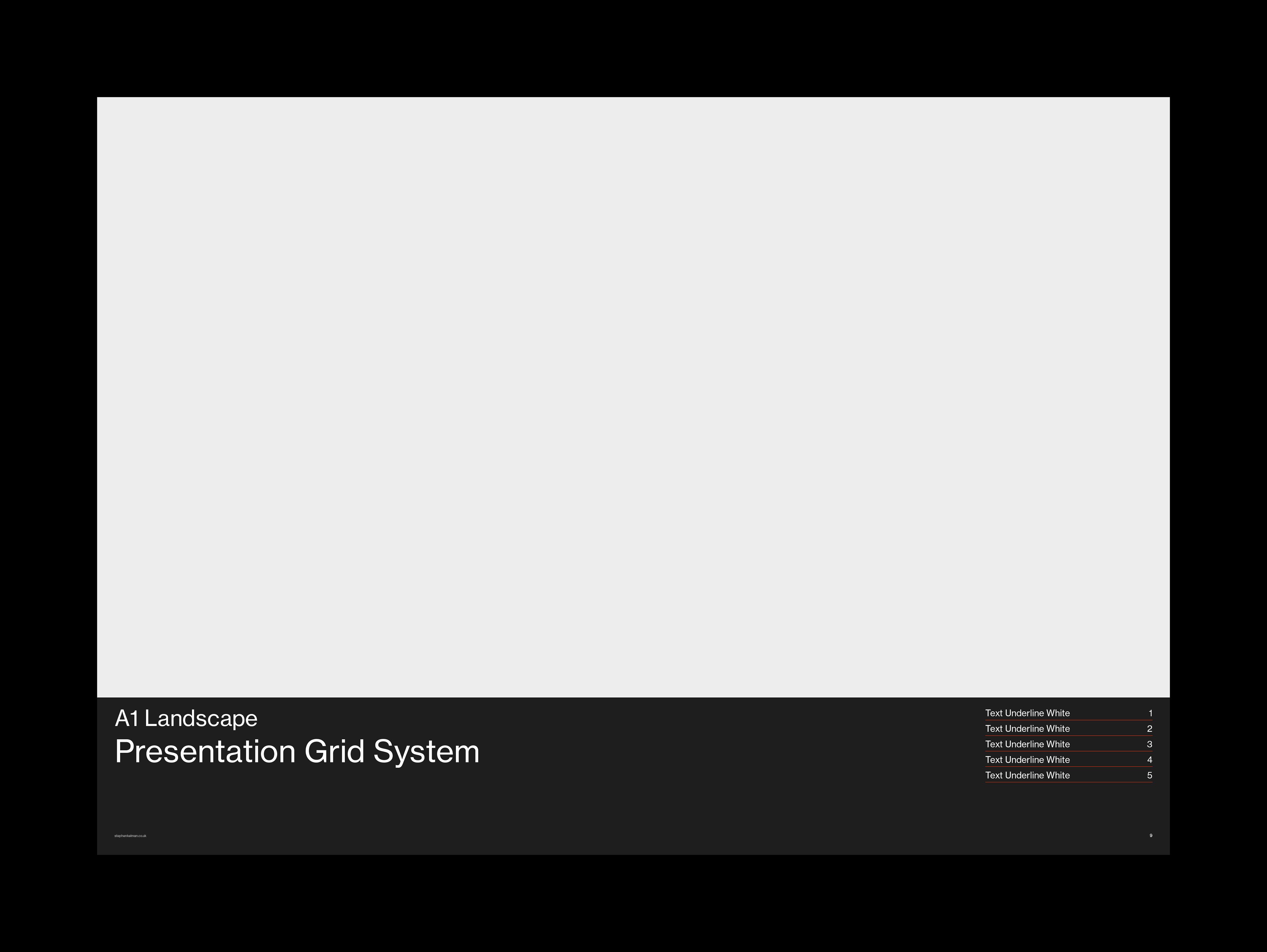 Image-led dark layout – large placeholder filling the sheet above a black title band.