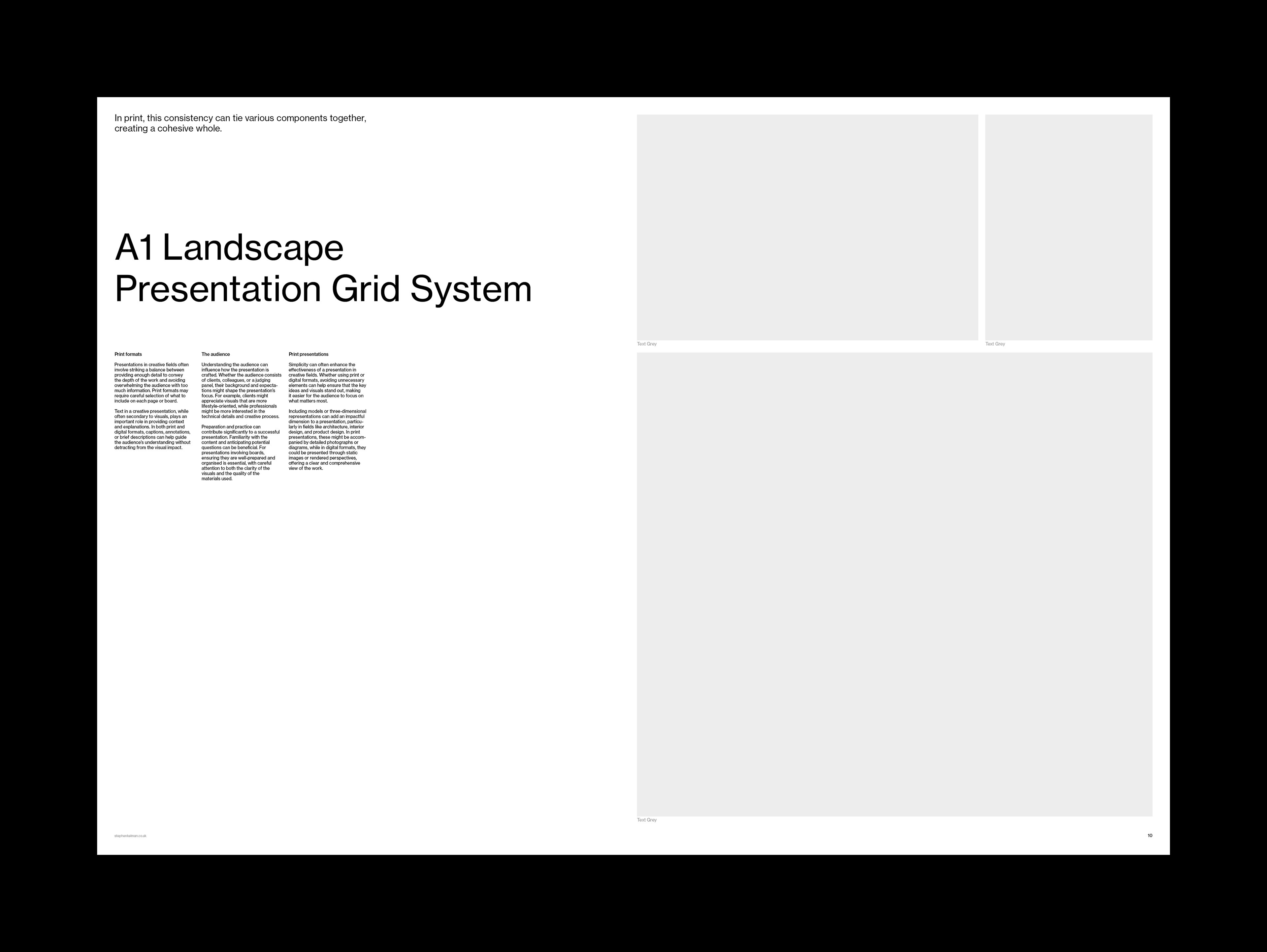 Light layout with three columns of copy beside a large image area and two smaller frames.