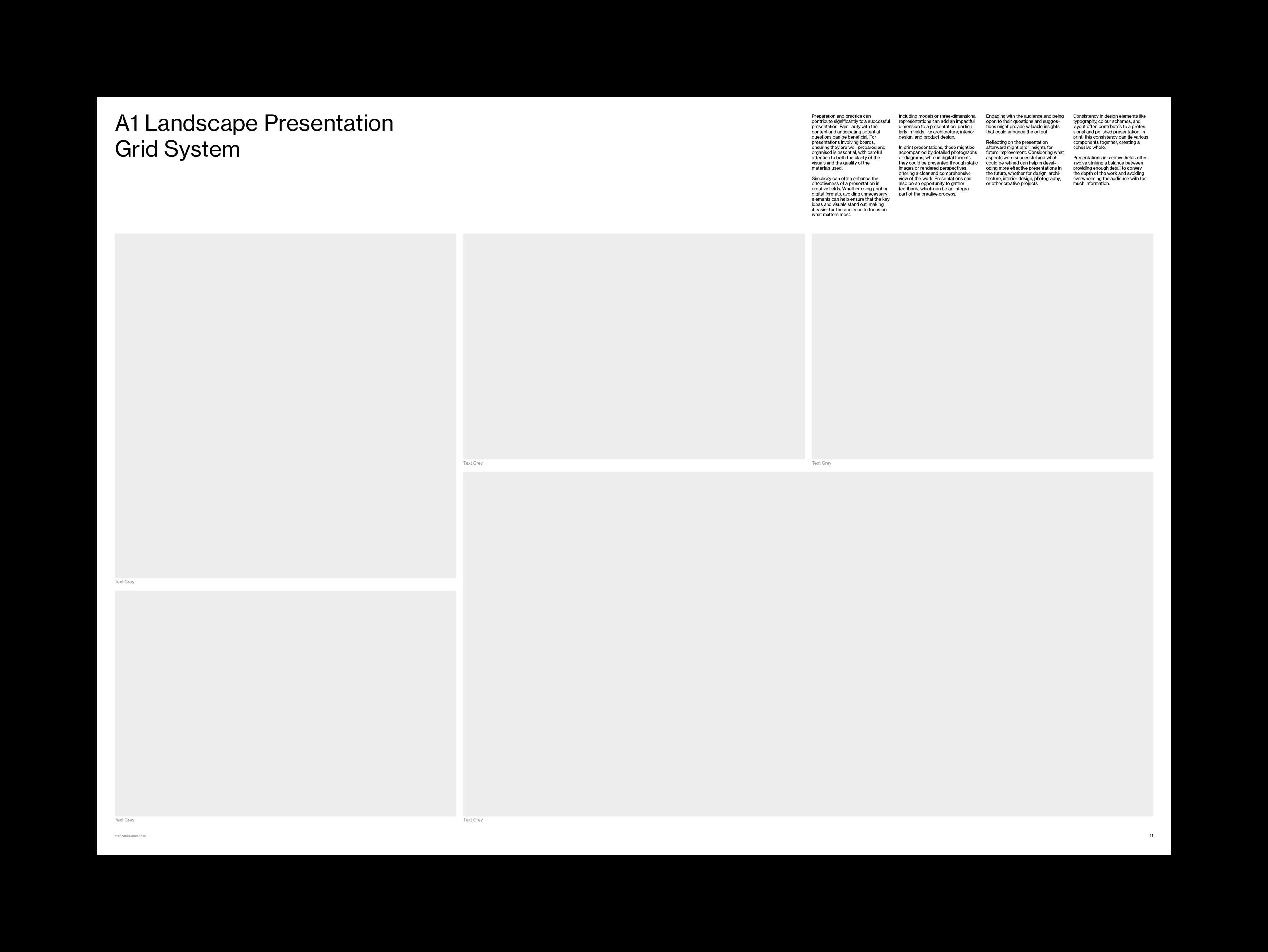 Landscape board with title, body columns and five image placeholders in a modular arrangement.