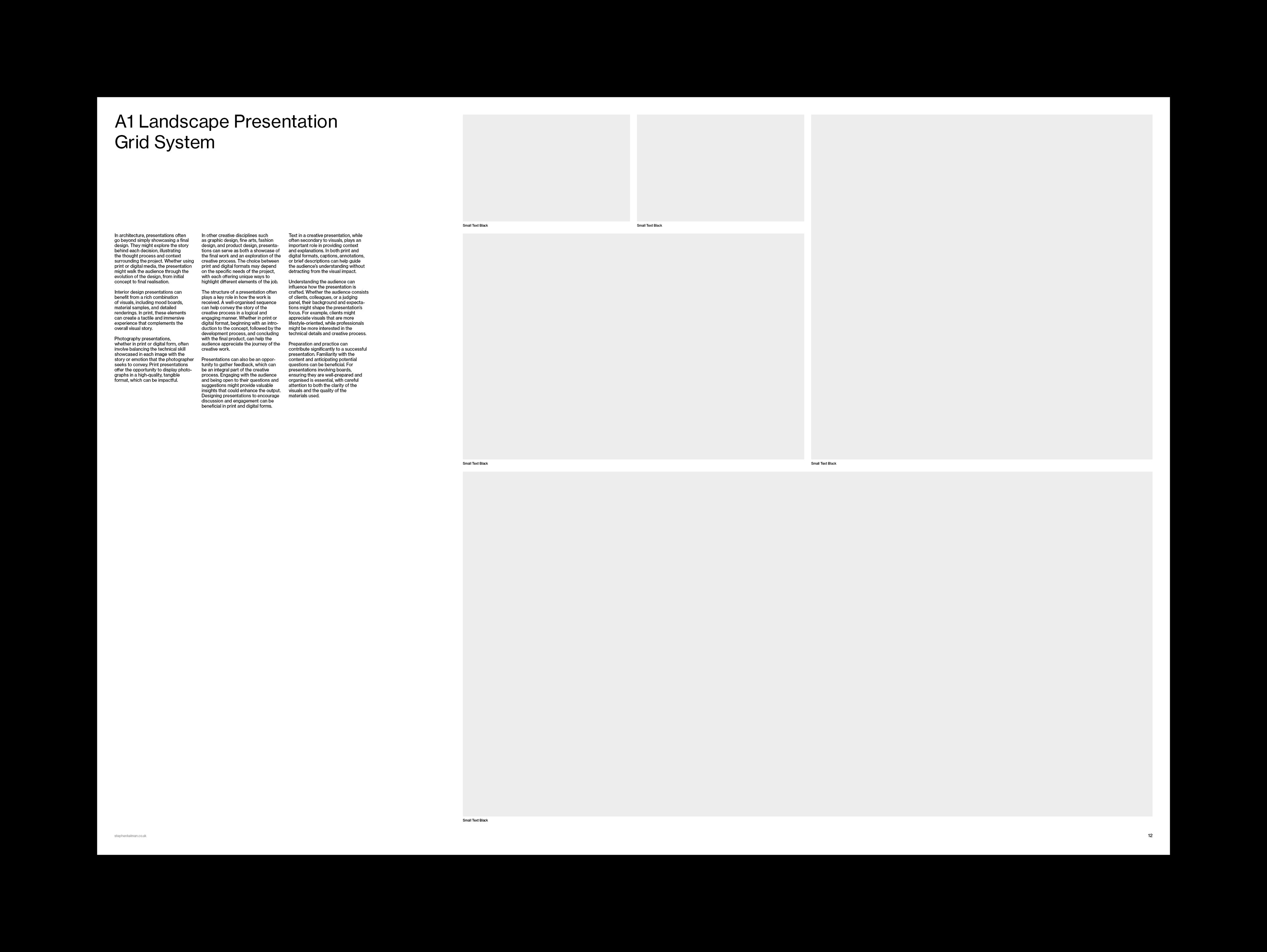 Sample layout with a left-hand text column, three image frames and a wide image area below.