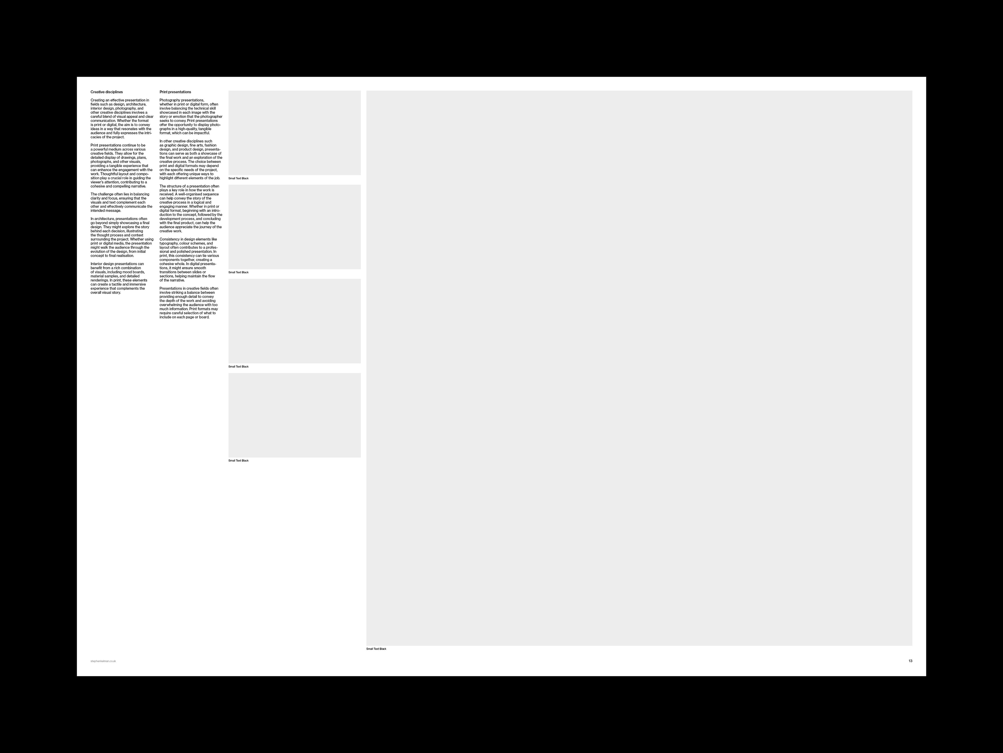 Dense text and caption columns on the left with a dominant image placeholder filling the right.