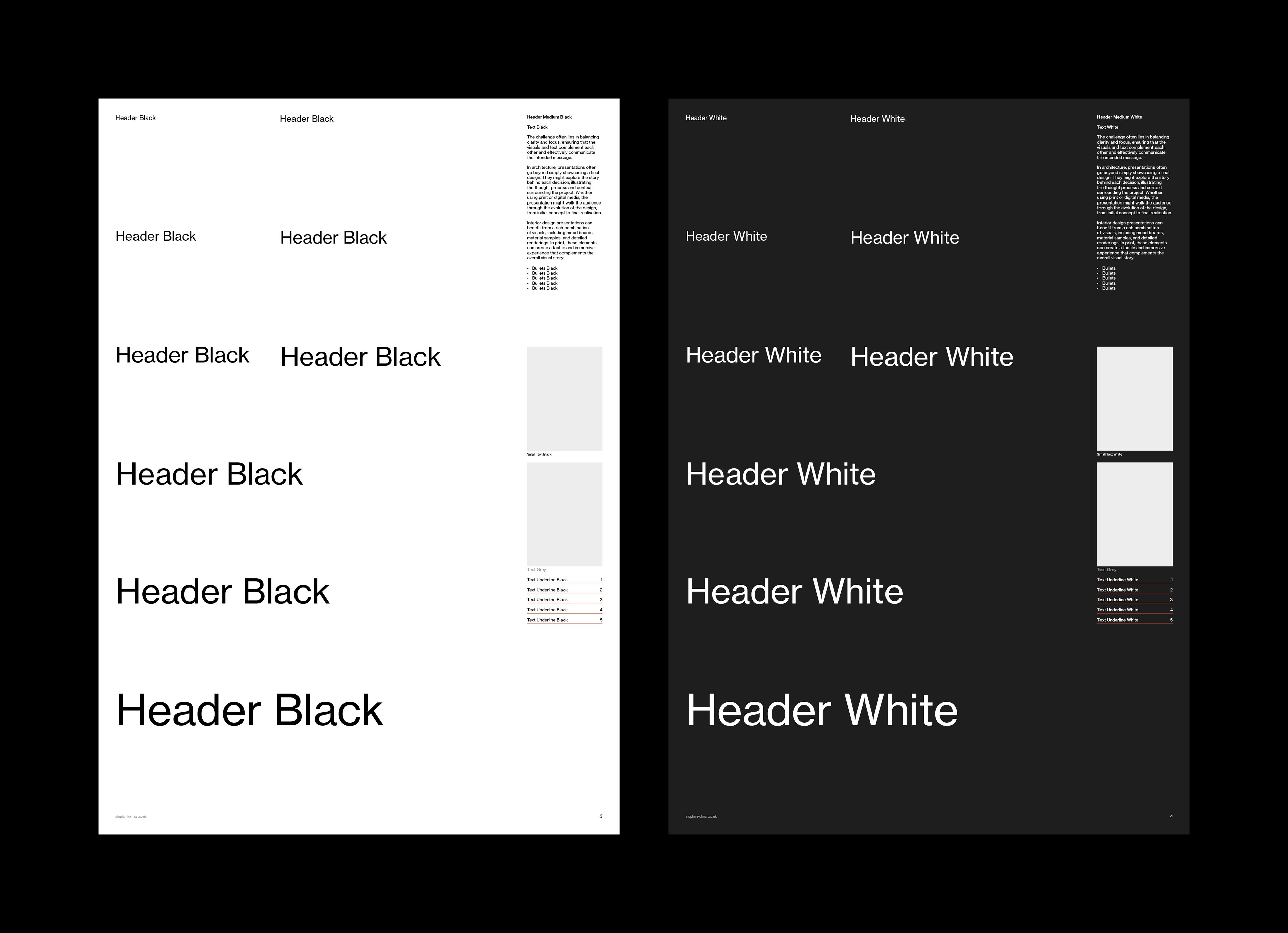 Header Black and Header White type hierarchy ladders shown on facing white and black posters.