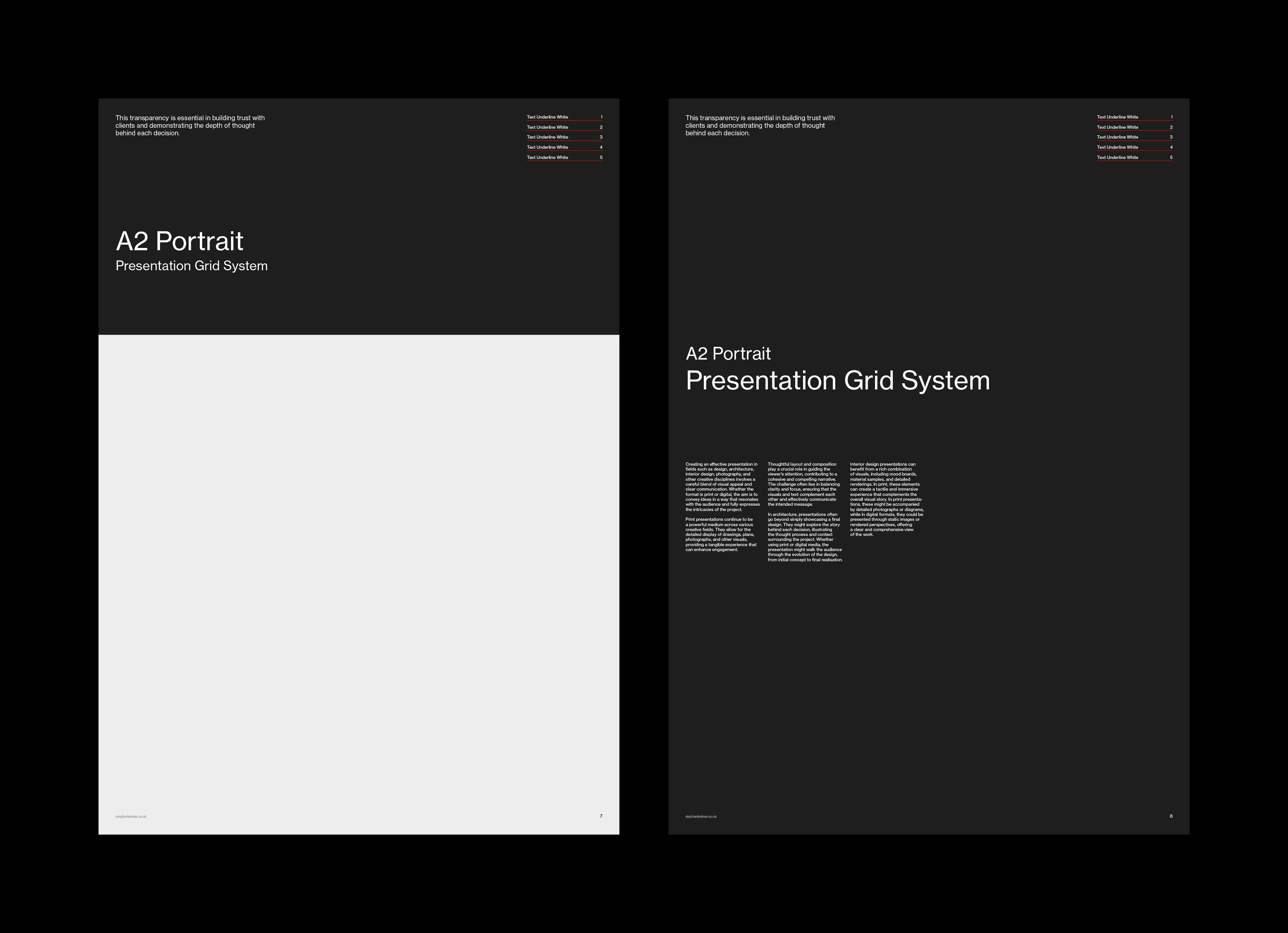 Dark pair – full-height image placeholder on one board, columns of white copy on the other.