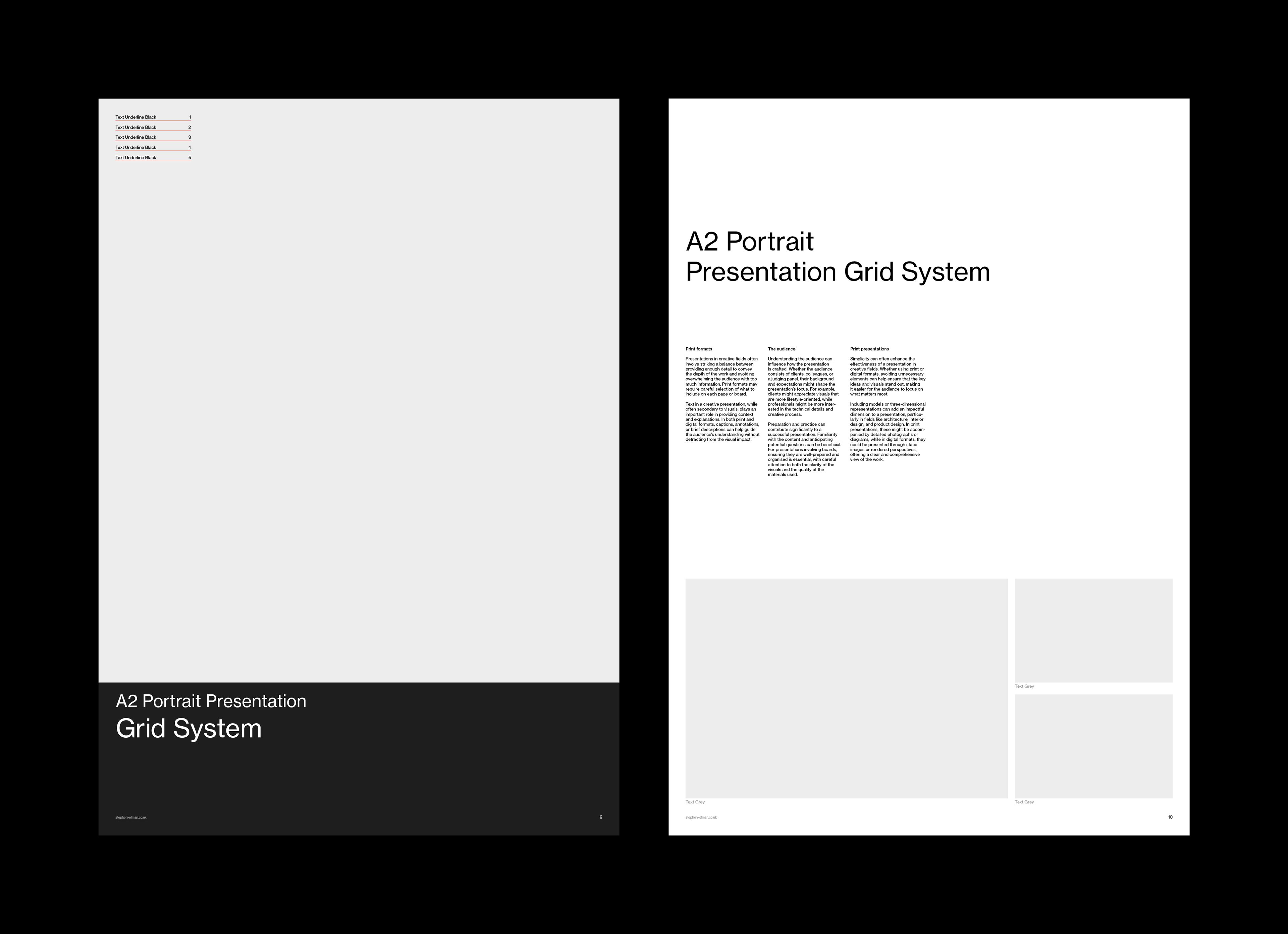 Image placeholder above a black title band, paired with a white layout of intro columns and image frames.