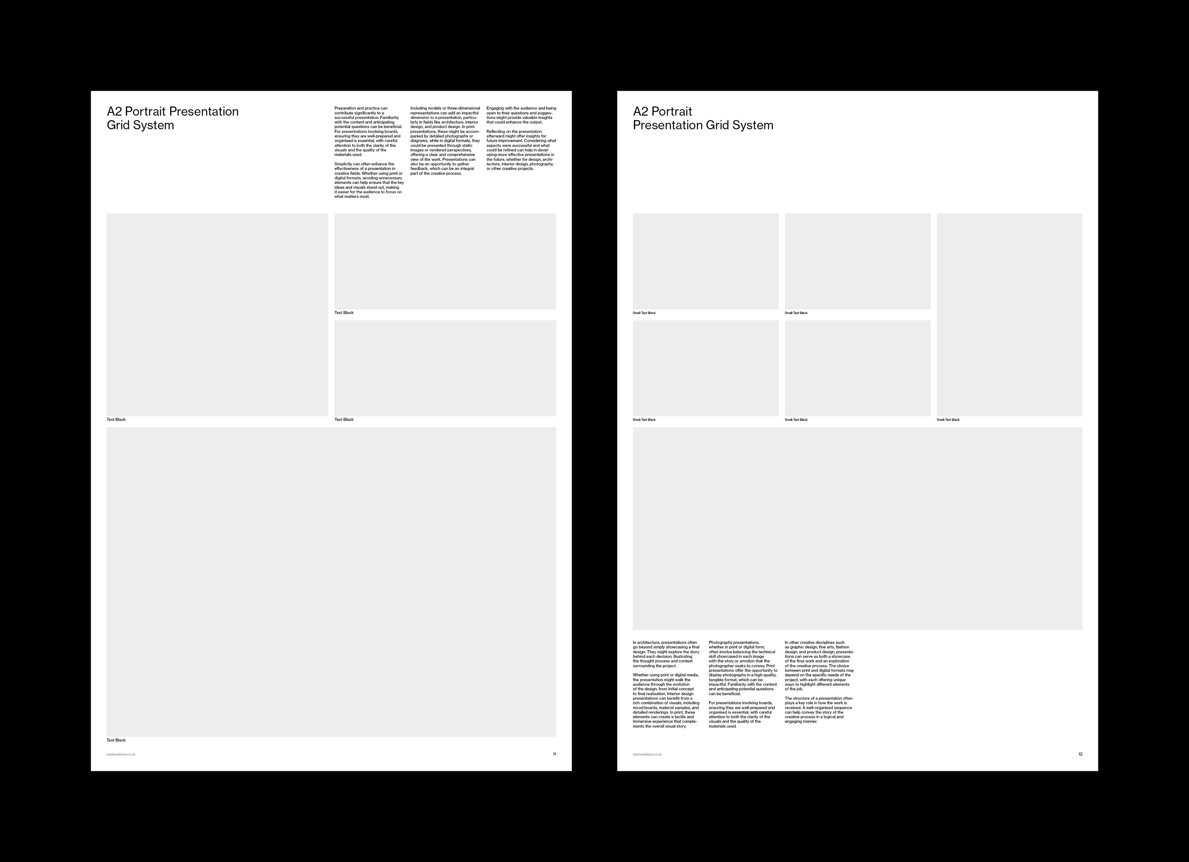 Two portrait sample layouts combining image blocks of varying sizes with running text columns.