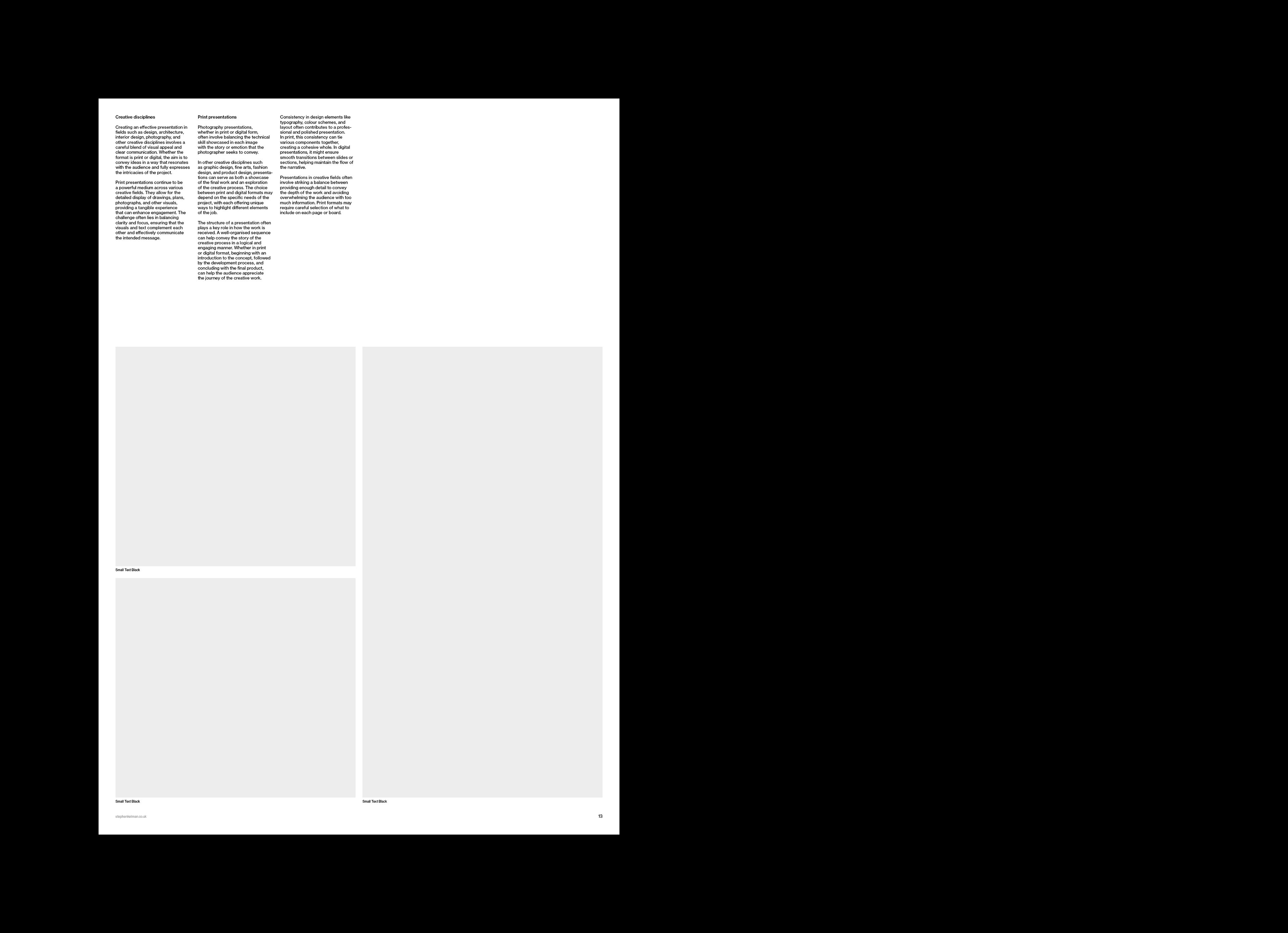 Sample board with two columns of copy above paired image placeholders and a tall image frame.