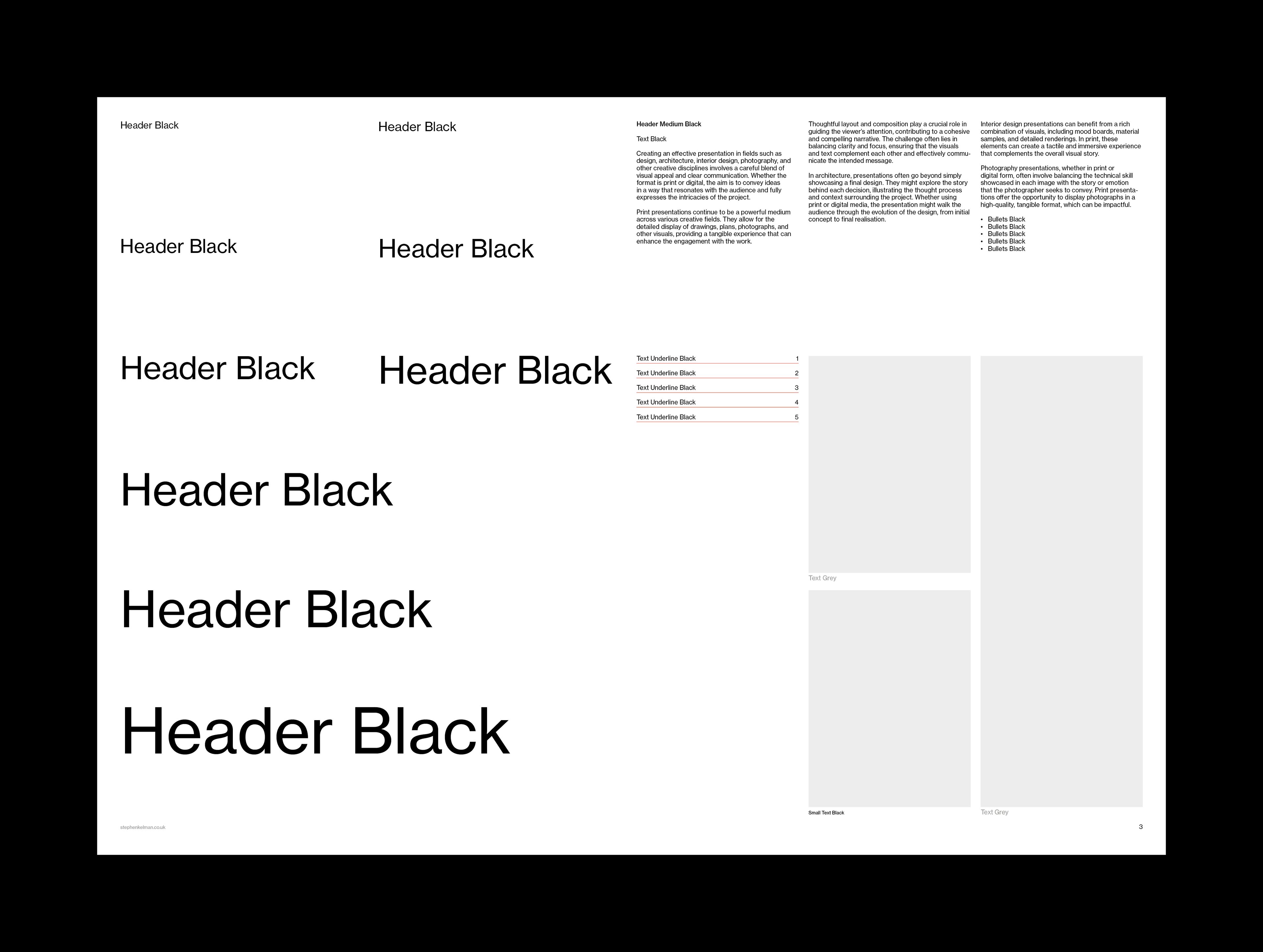 Header Black type scale from caption to display size with notes and image frames on white.