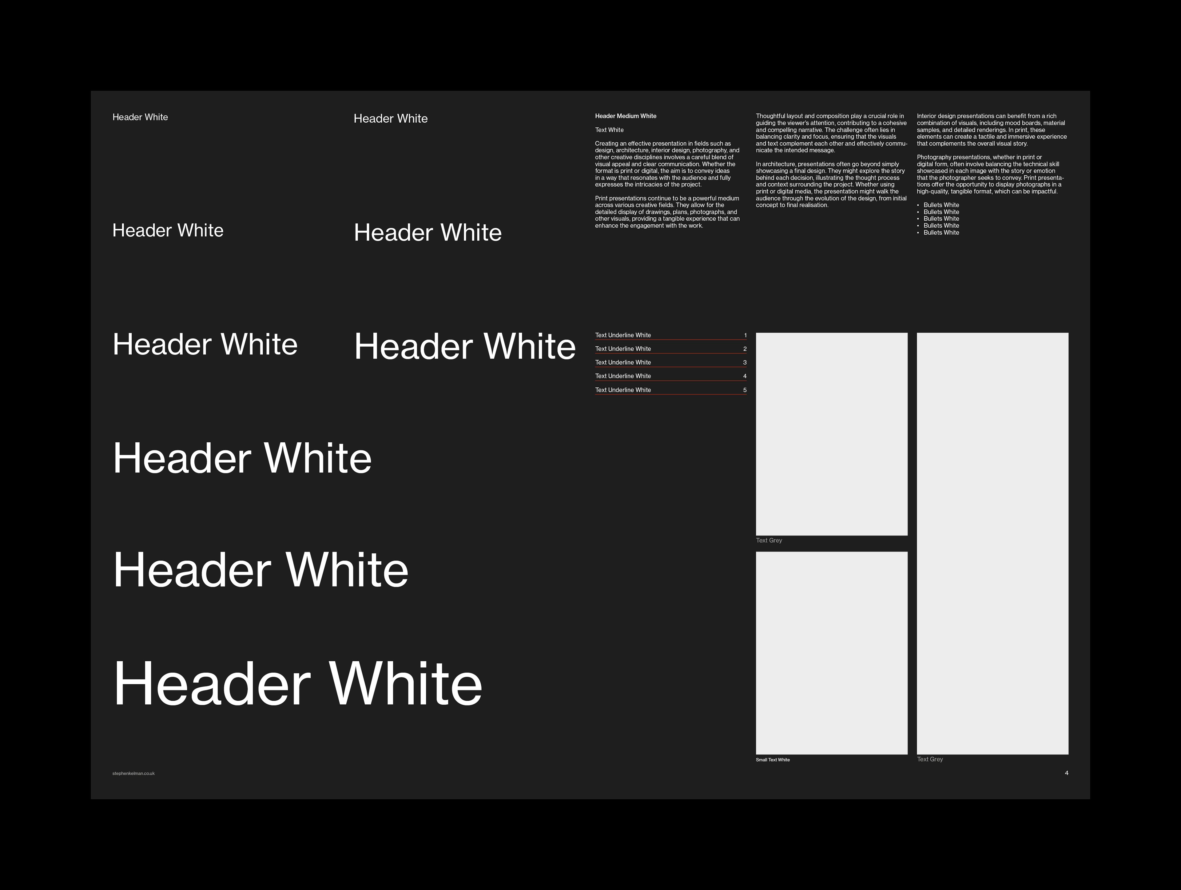 Header White type specimen on black with matching image placeholders and index column.