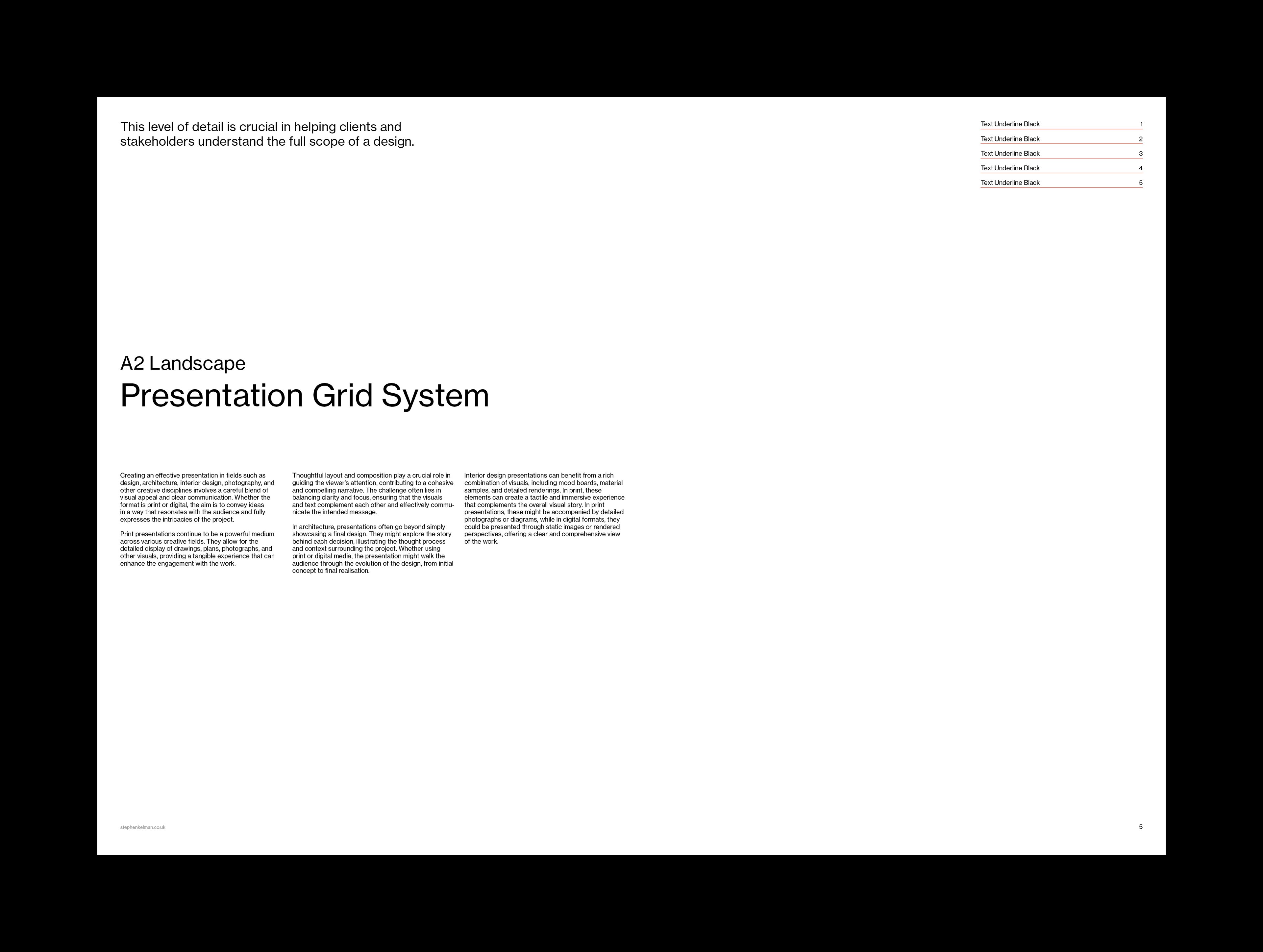 White landscape board setting the title above five columns of body copy.