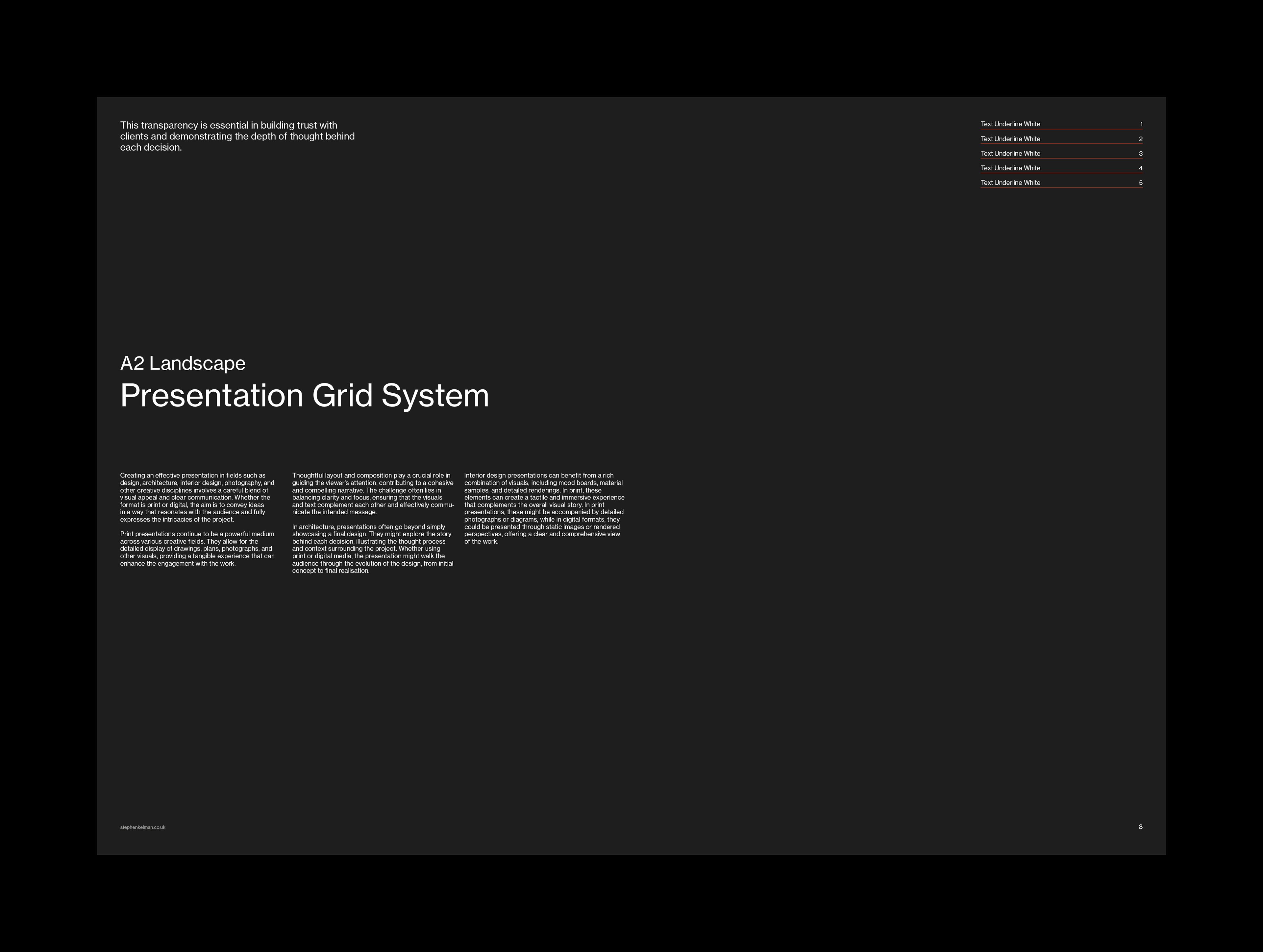 Black layout combining the title with four columns of small white copy.
