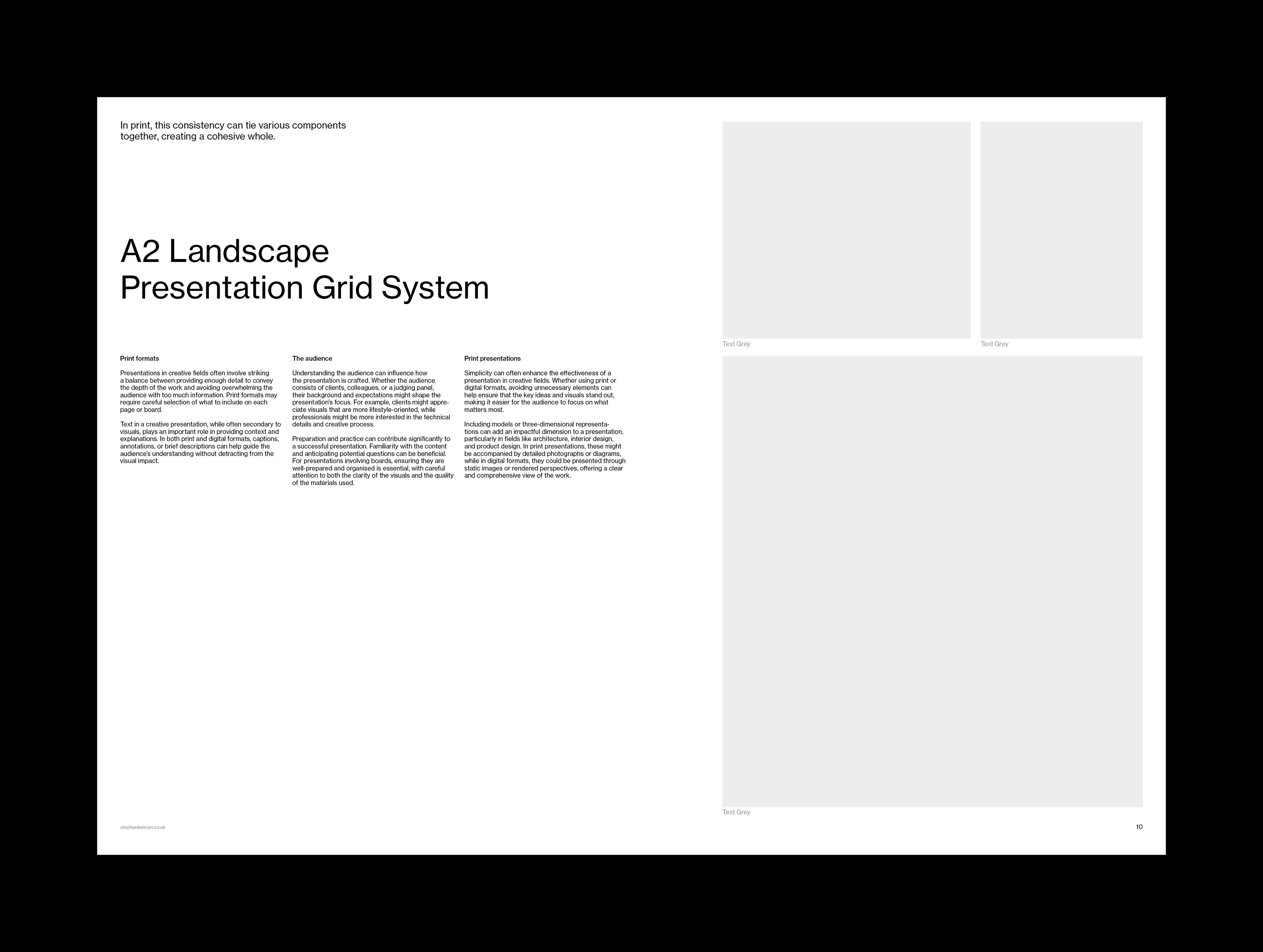 Light layout with three columns of copy and two tall image frames on the right.