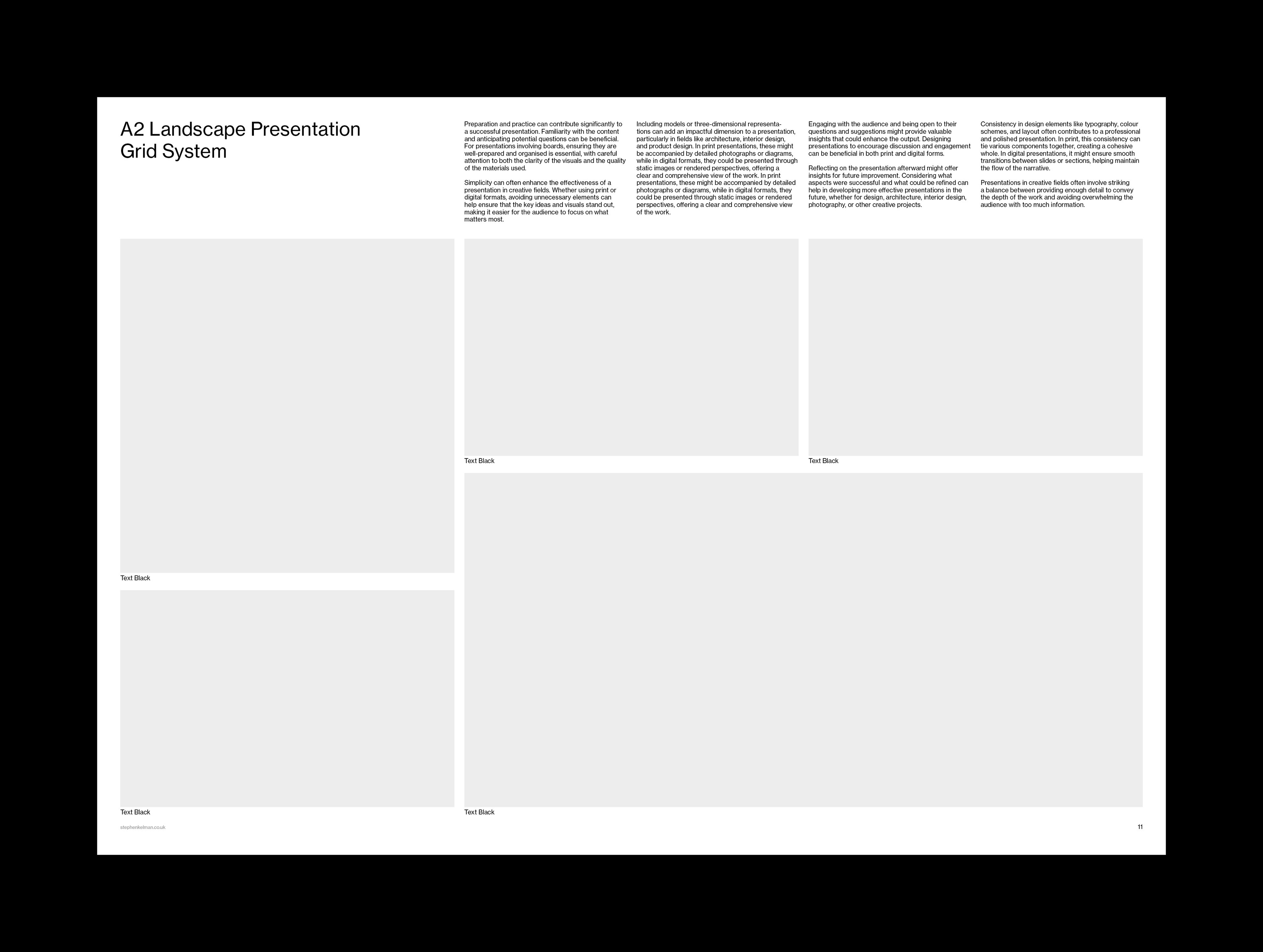 Landscape sample with title, text columns and five image placeholders in a modular grid.