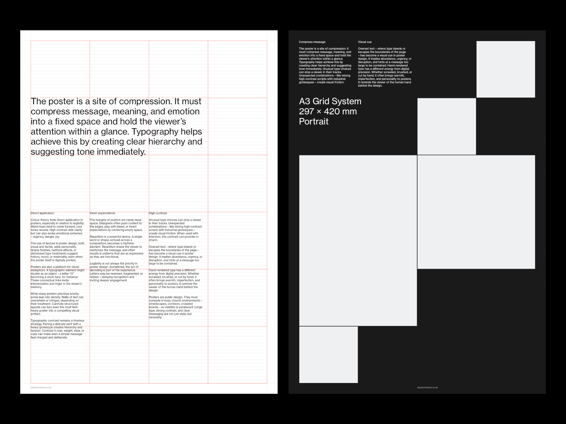 A3 Swiss Style Poster Grid System for InDesign cover – gridded white poster beside a black layout with white squares.