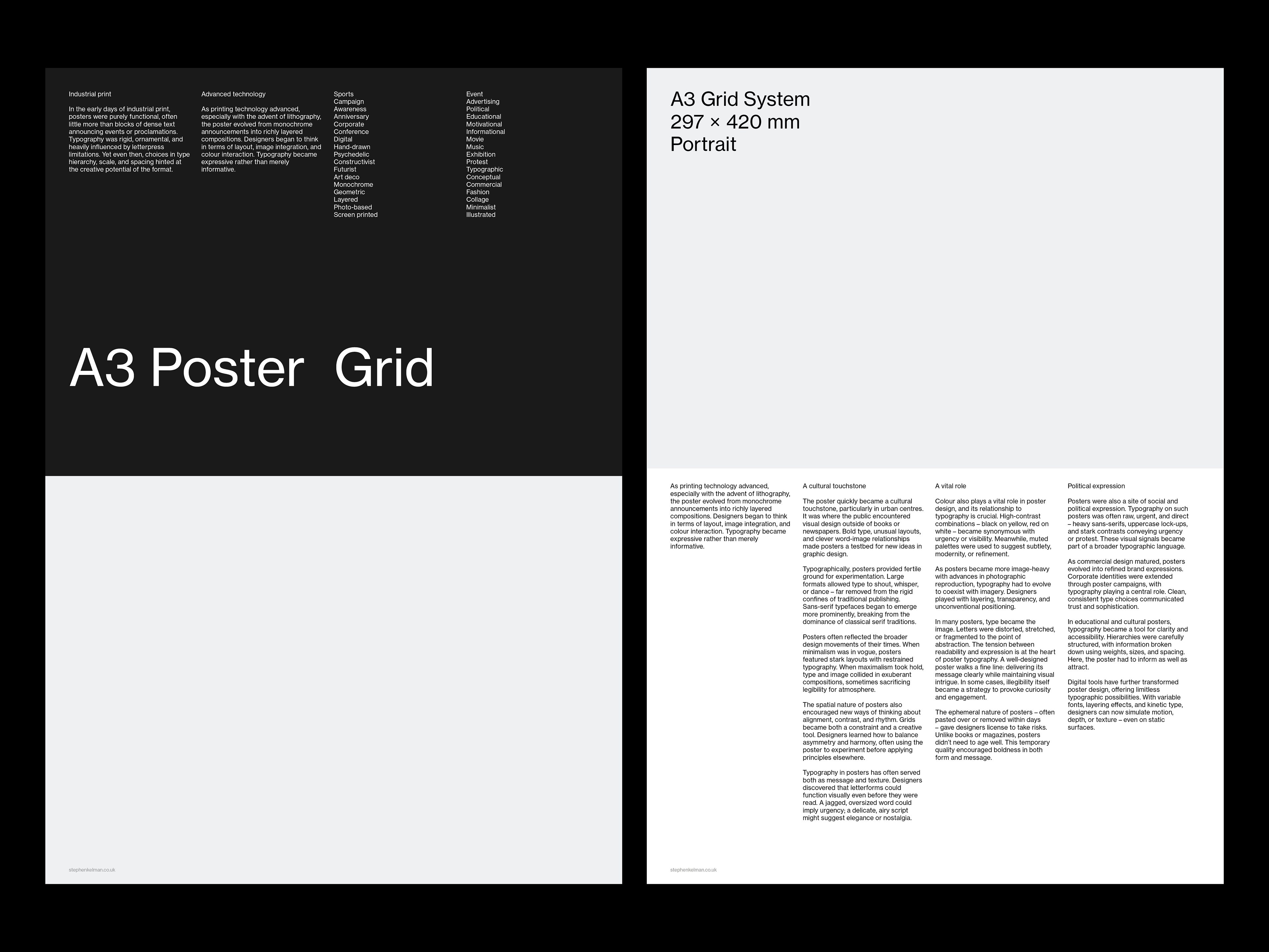 Split black-and-white poster titled A3 Poster Grid, alongside a white text-led layout.