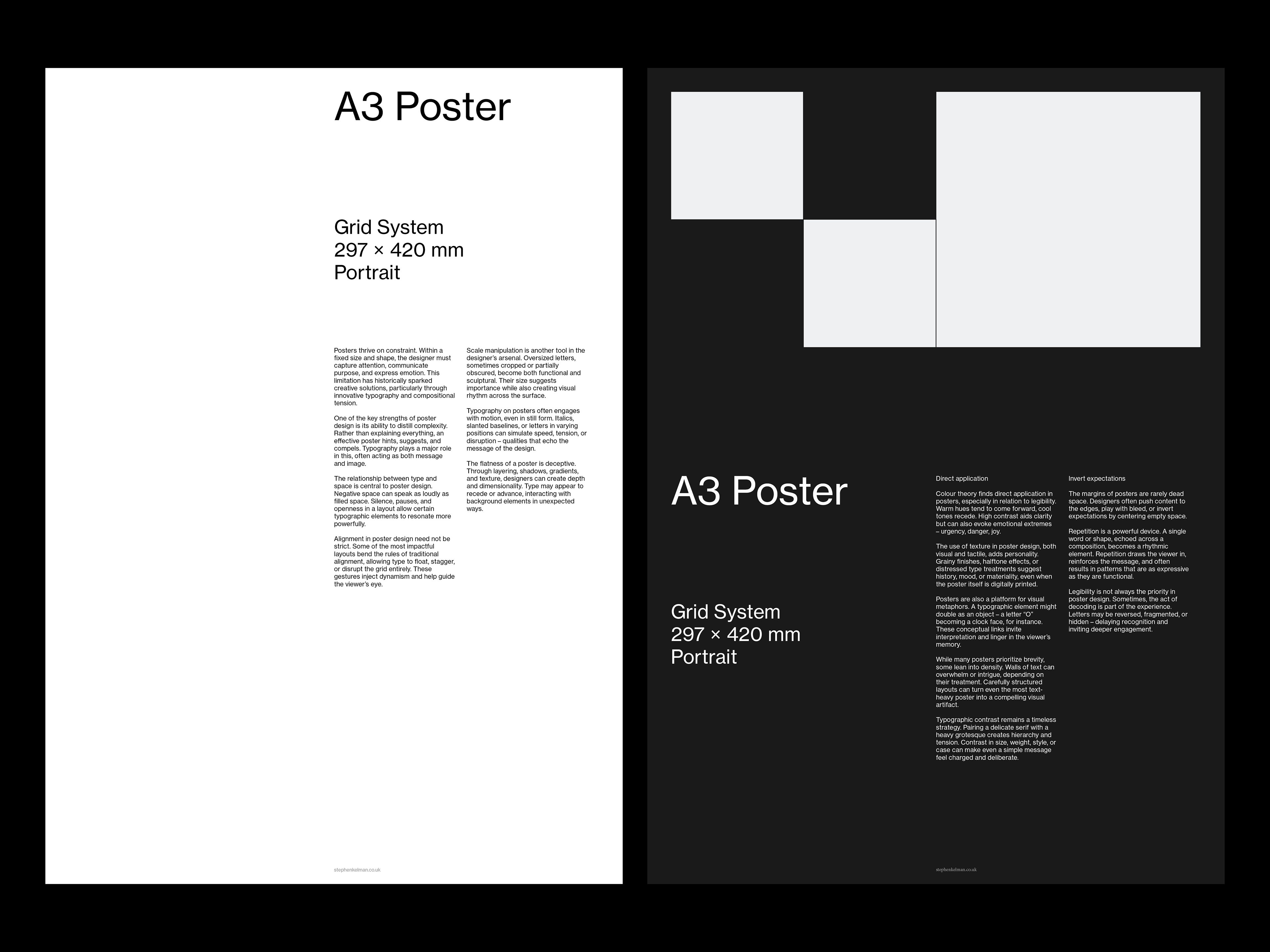 White poster with title and body copy paired with a black poster using checkerboard square motifs.