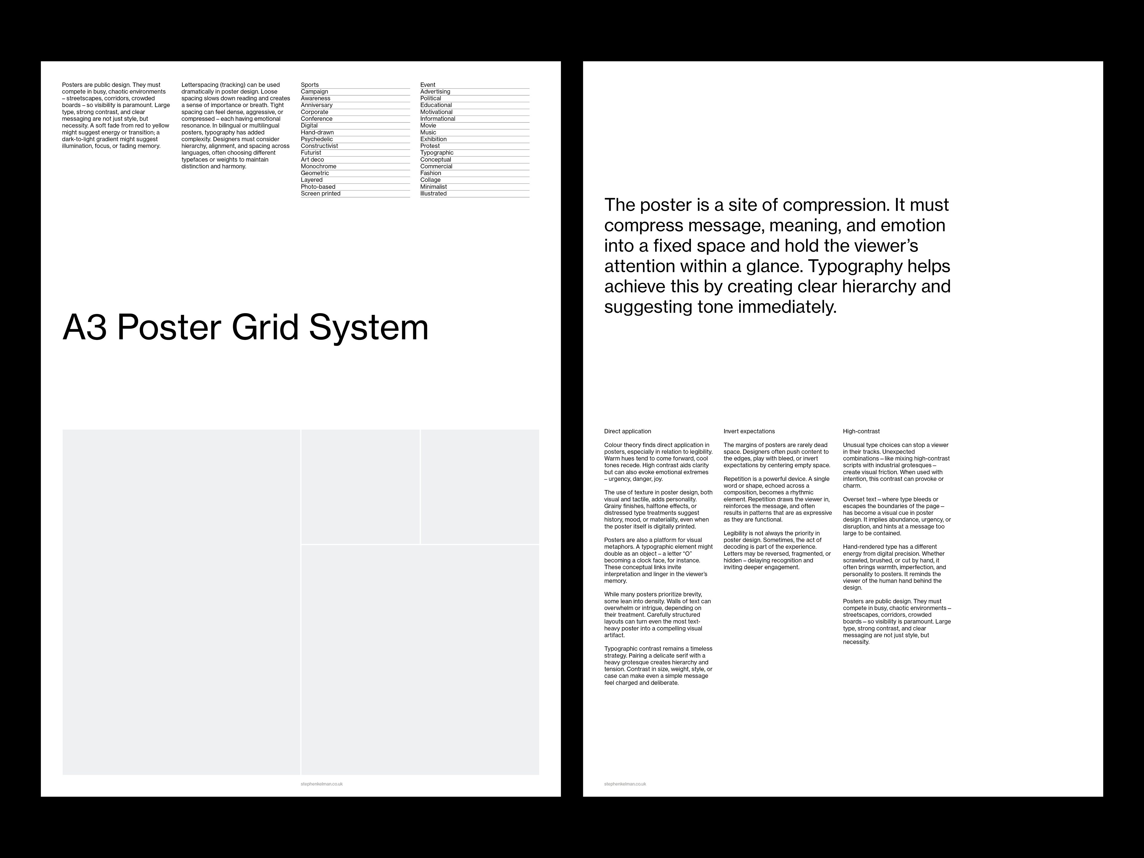 Two white posters – one with ruled grid fields, one leading with a quote on typographic compression.