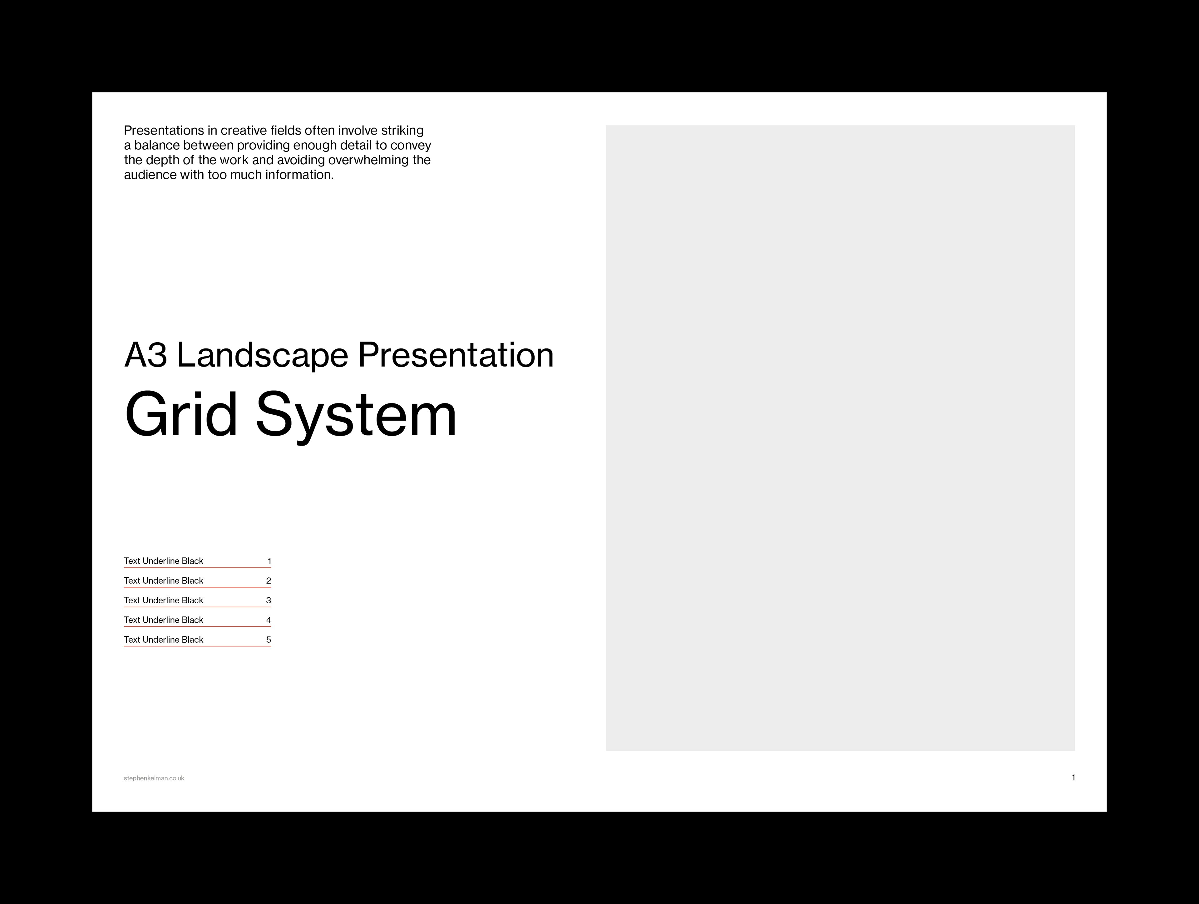 A grid system template for an A3 landscape presentation layout. The left side of the layout features a heading titled “A3 Landscape Presentation Grid System,” followed by text sections labeled “Text Underline Black 1” through “Text Underline Black 5.” The right side of the layout remains empty, leaving space for content placement. The design emphasizes a clean, organized grid structure for content alignment and presentation.