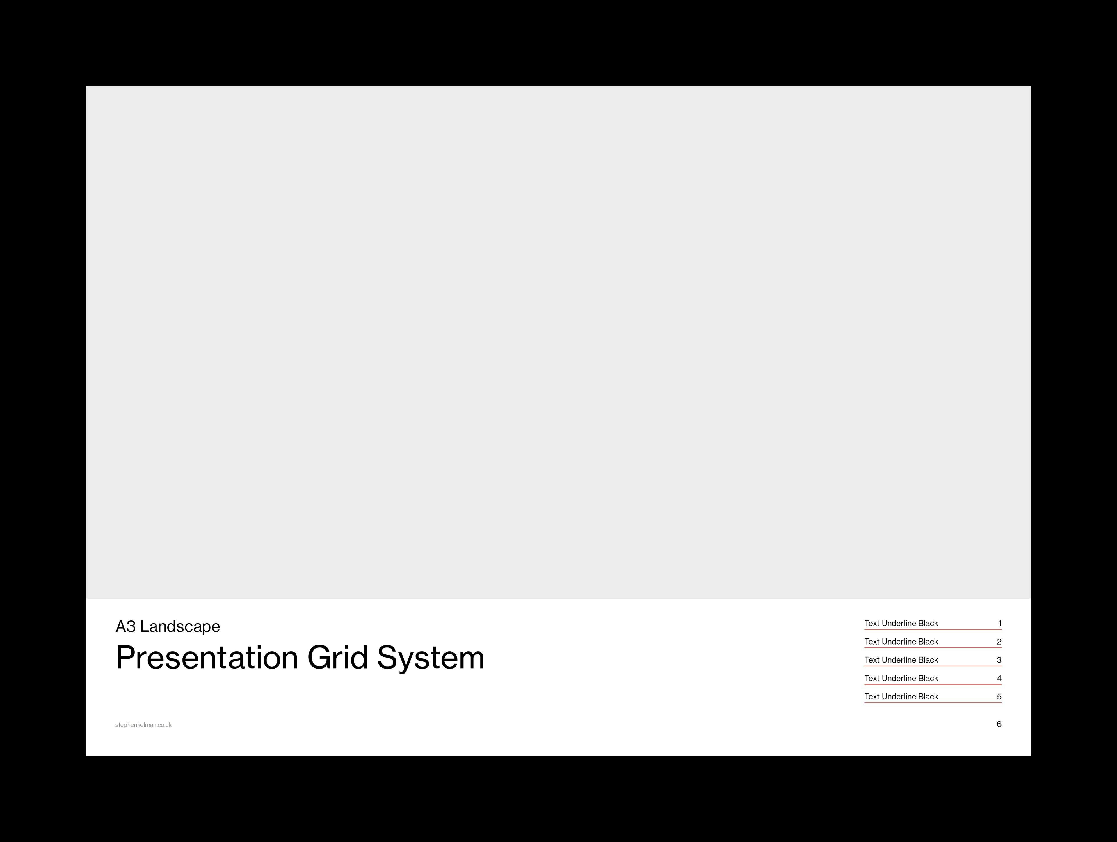 A clean, minimalist design showing a blank layout with a title “A3 Landscape Presentation Grid System” in large bold text at the bottom left. The page contains empty space above, providing room for a presentation layout. At the bottom right, there are five items labeled “Text Underline Black,” each with corresponding numbers from 1 to 5. This design showcases a blank grid system for presentations with a professional and sleek appearance, suitable for various creative design fields.