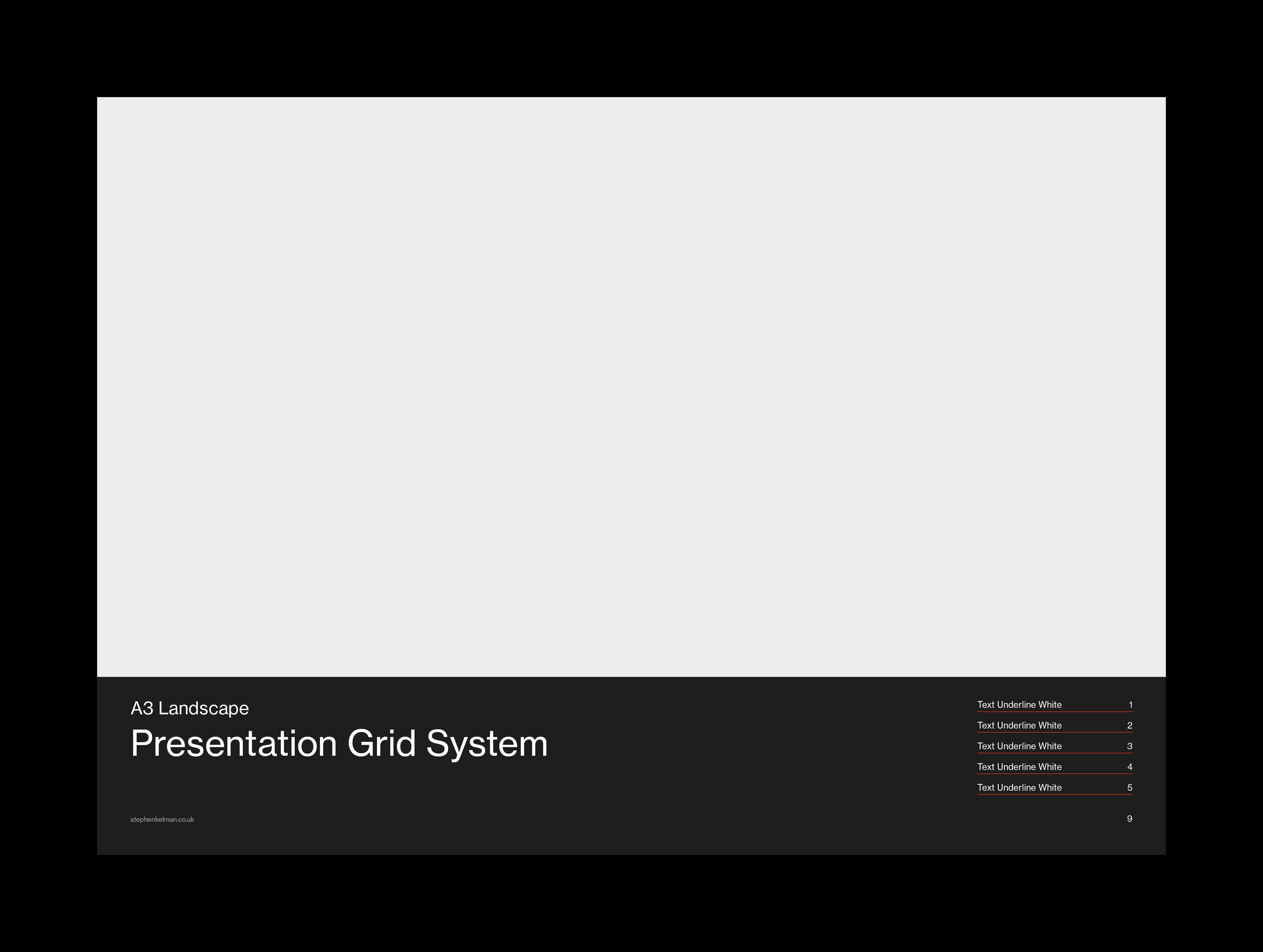 A page showing an A3 landscape presentation grid system. The page is primarily dark-themed with a large area of white space on the left side. The title “A3 Landscape Presentation Grid System” is prominently displayed in white text at the bottom left of the page. Below the title, there is a section listing five numbered items labeled “Text Underline White,” each with corresponding red numbers. The clean, minimalist layout is designed for effective presentation and clarity. The text and grid system are designed to convey important design concepts.