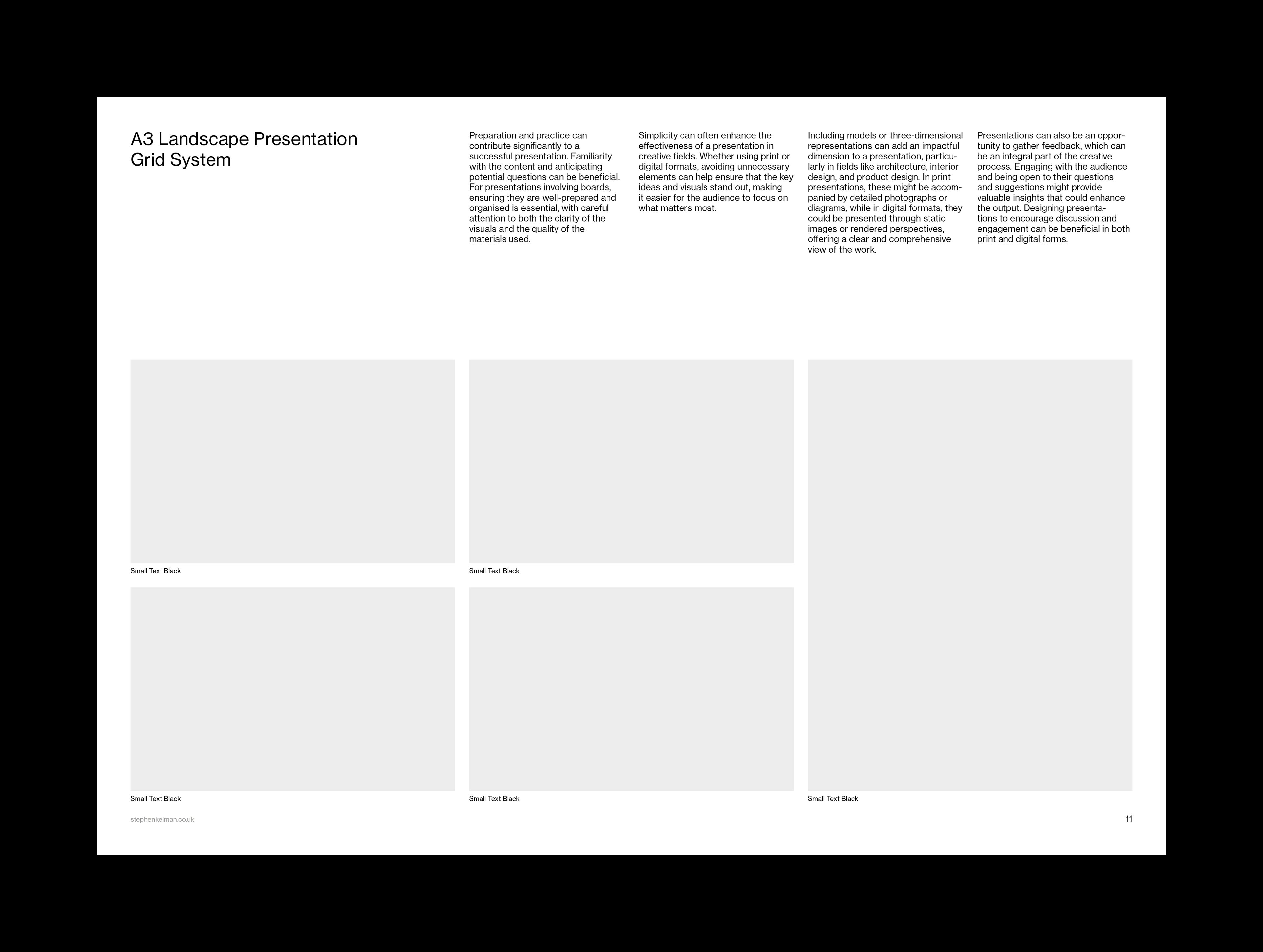 A3 landscape presentation grid system with placeholders for images and text, designed for professional and creative use.