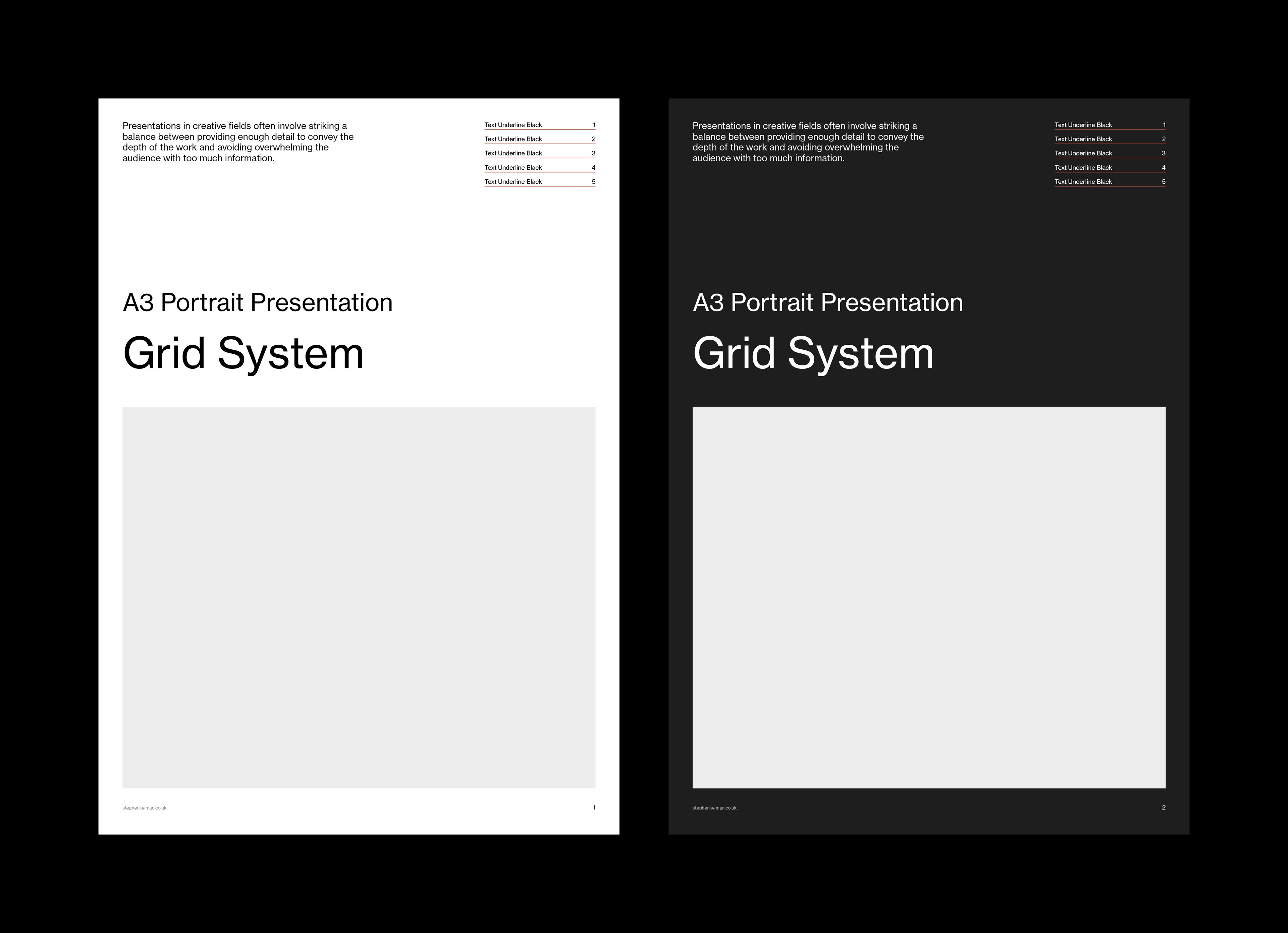 Title page sample in light and dark versions, with intro text, sidebar list and a full-width image area