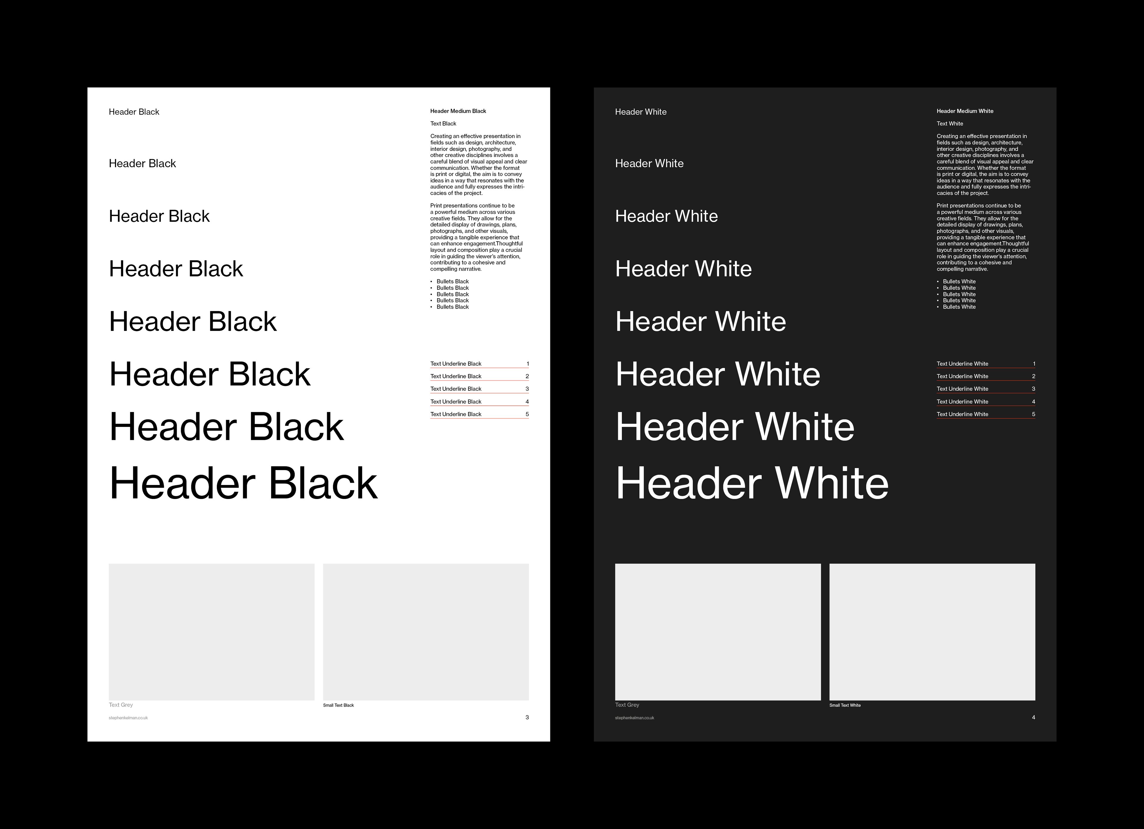 Type hierarchy ladder showing header styles at increasing sizes on white and black pages