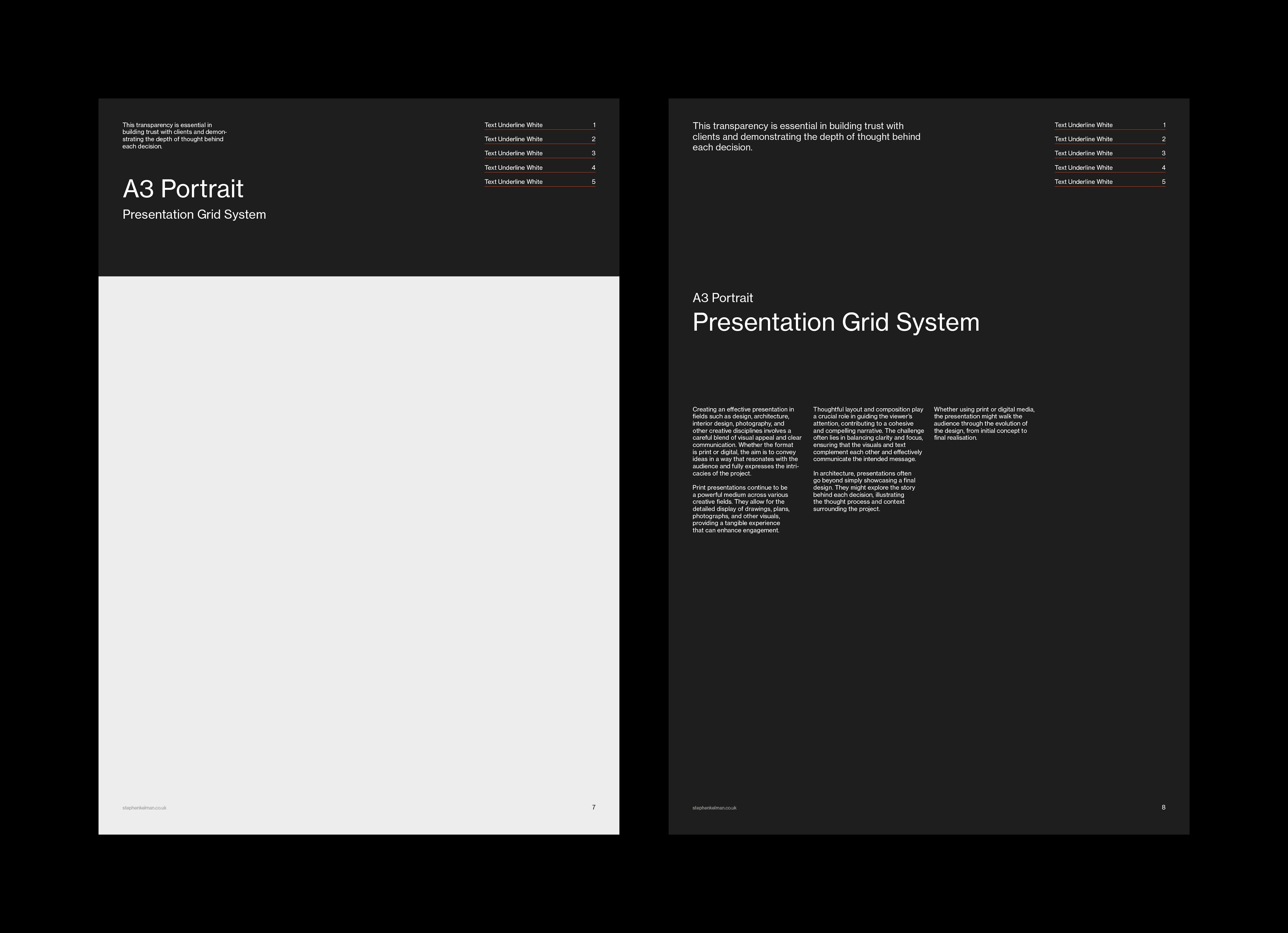 Light layout with a full-page image area beside a dark page of running text columns