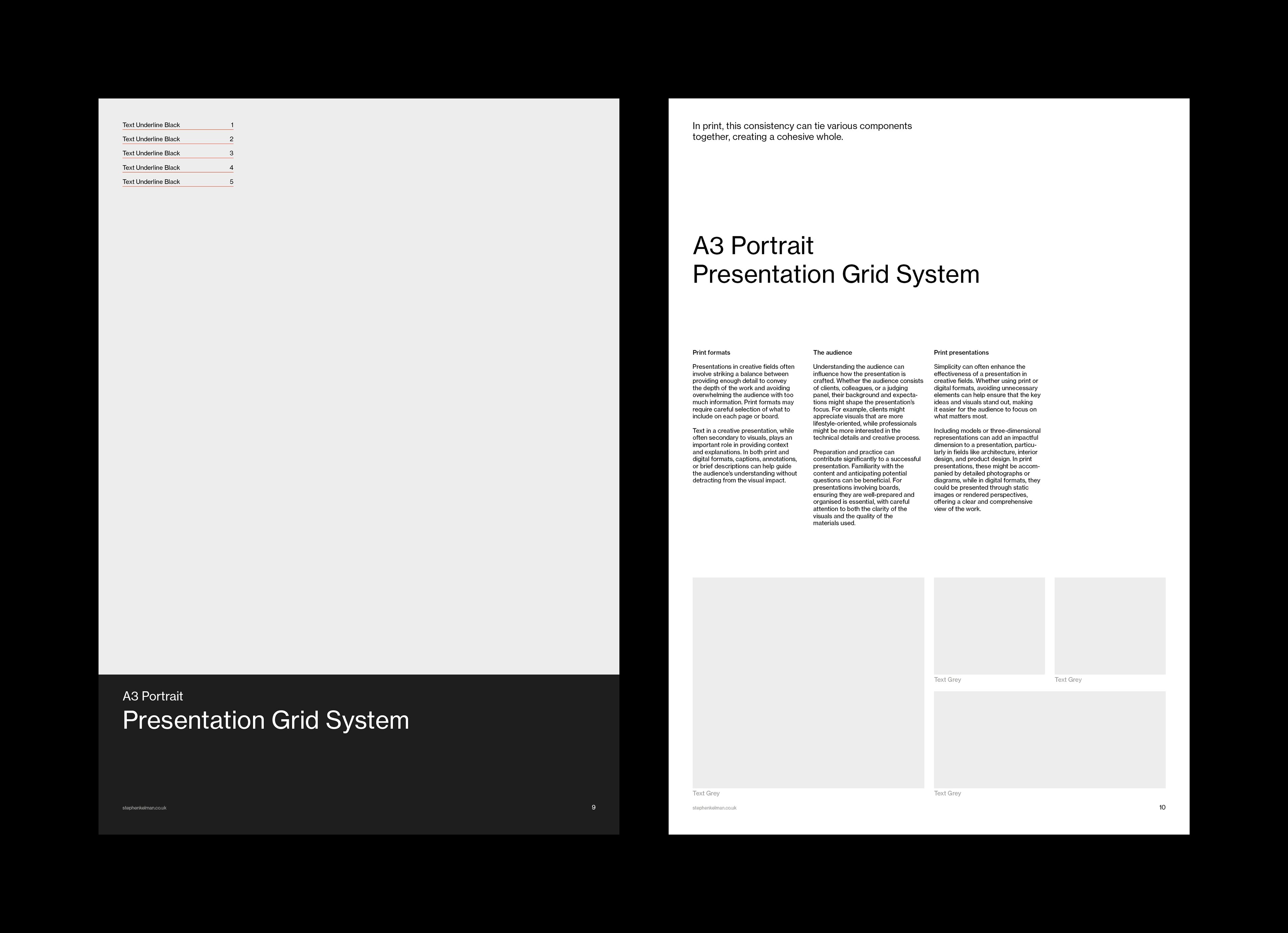 Dark title page above a pale panel, facing a three-column text page with a captioned image grid below