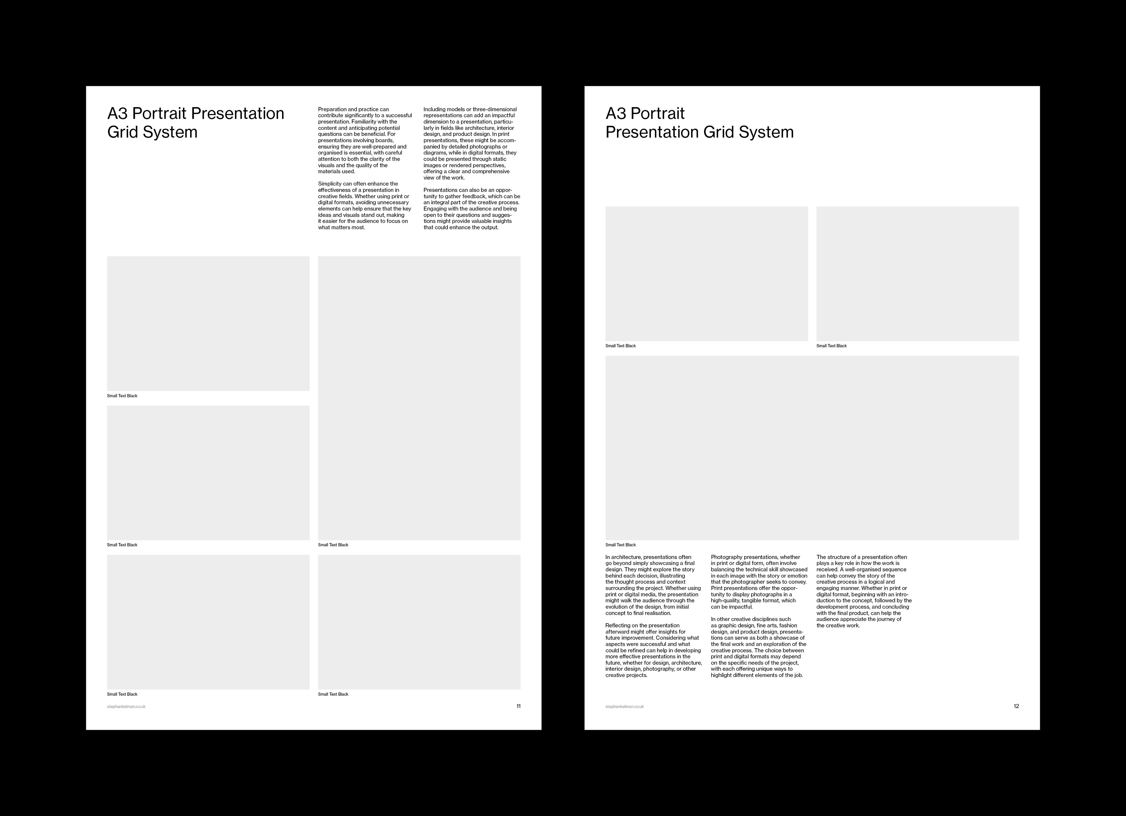 Sample layouts placing image blocks of varying sizes on the 48-field grid with caption lines