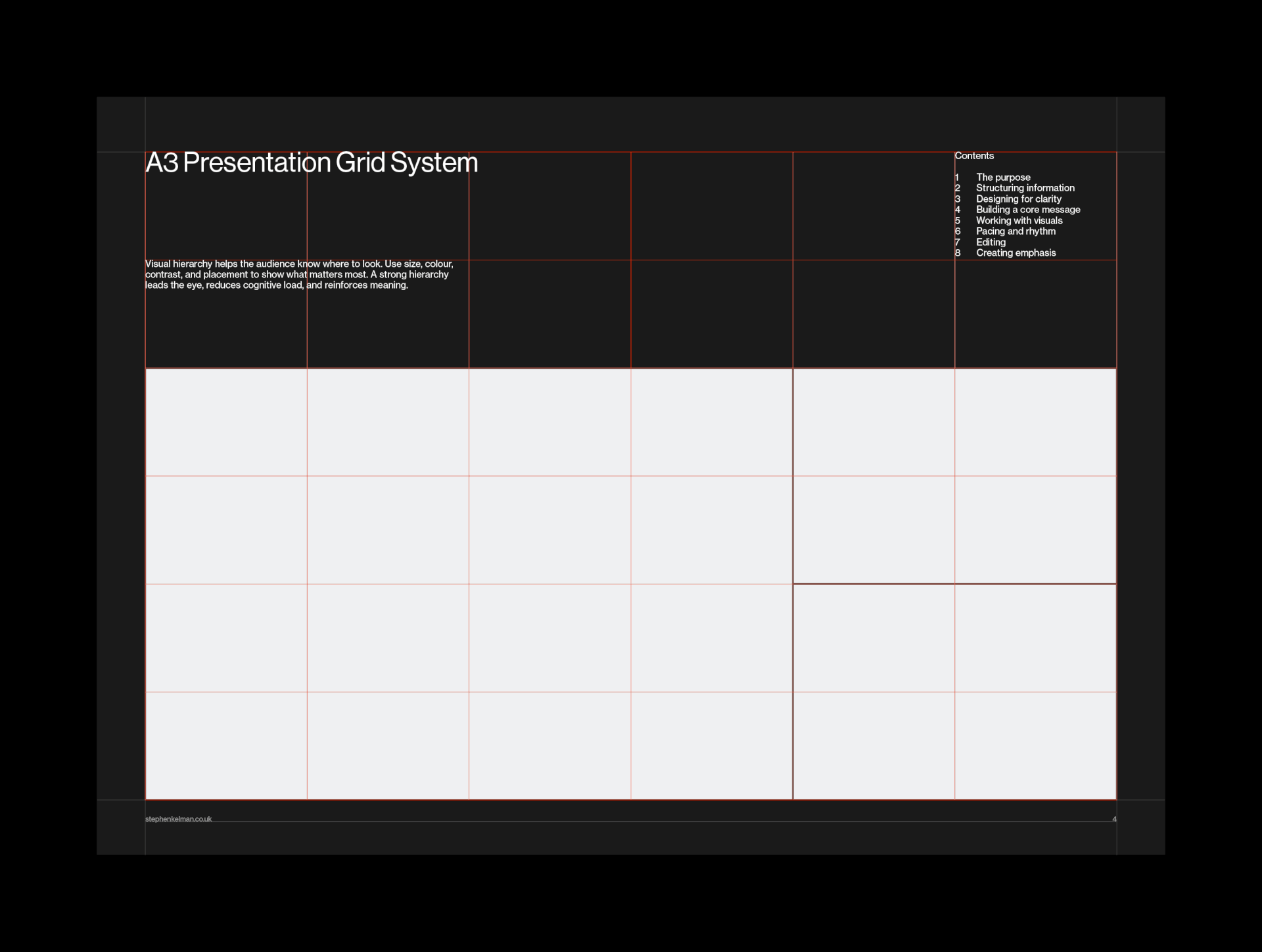 A3 Presentation Grid System for InDesign – dark landscape cover with red modular grid overlay and contents list