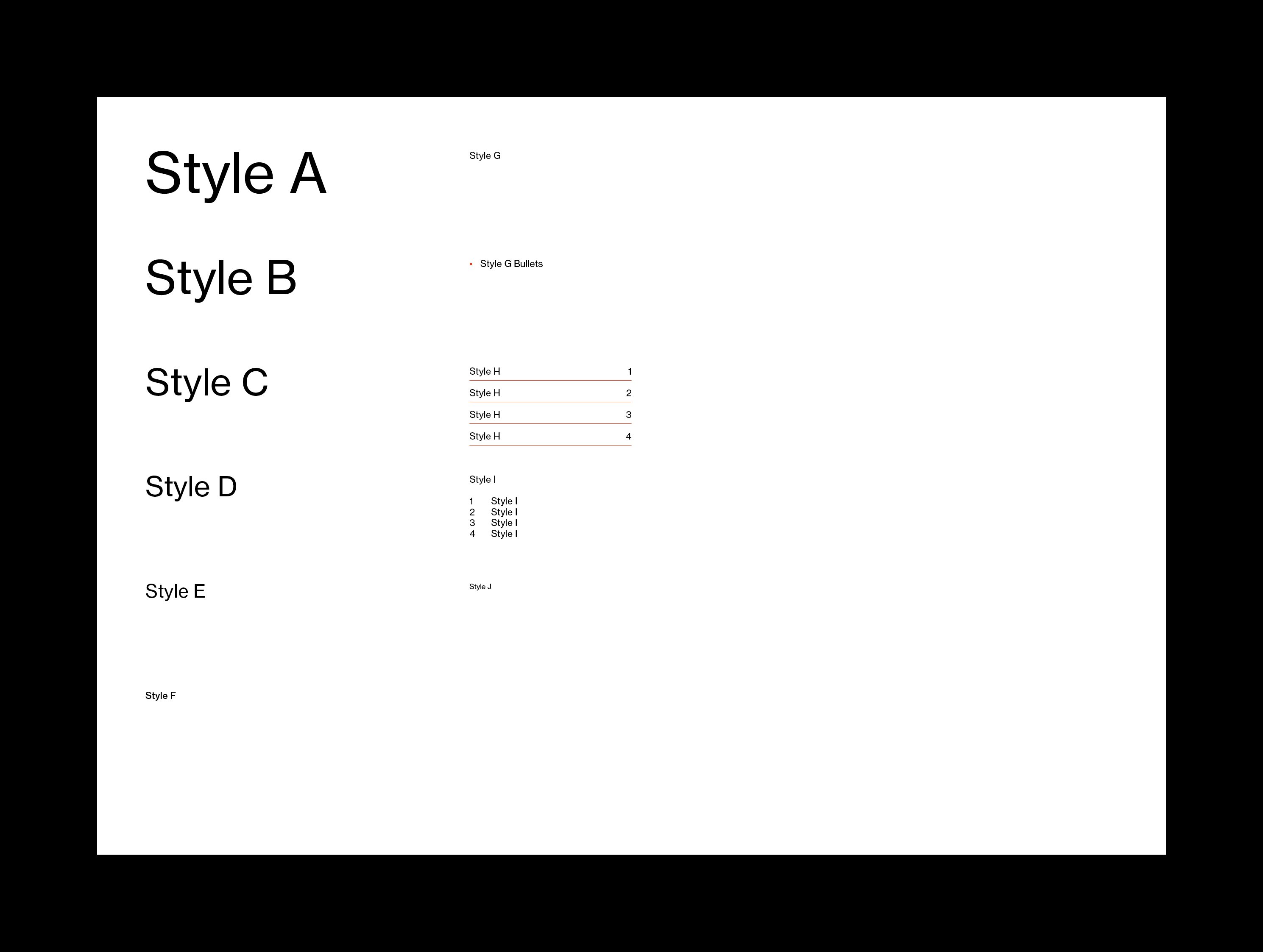 Style sheet overview on white listing header styles A to F with numbered lists and bullet styles