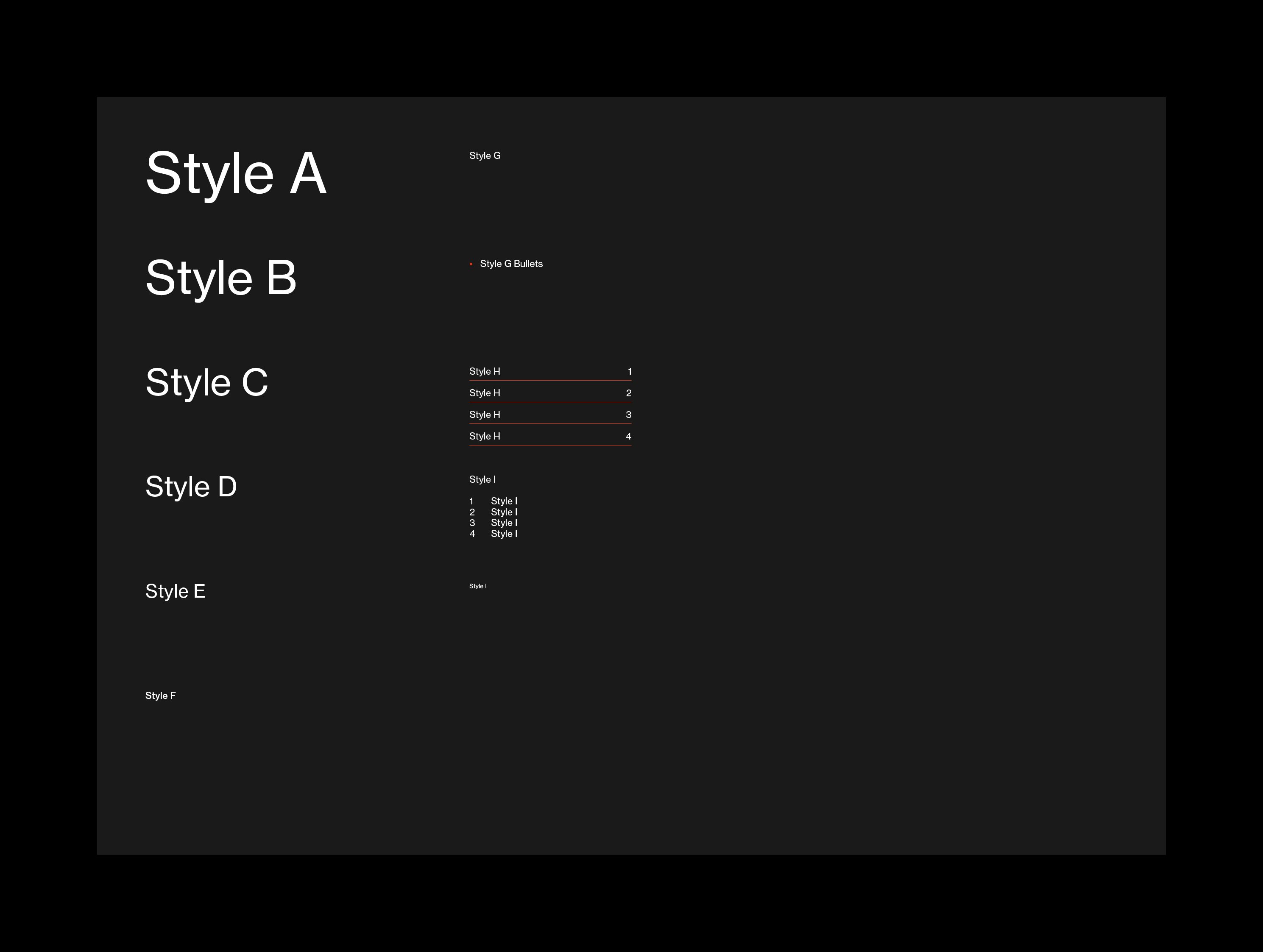 Dark version of the style sheet page, type hierarchy reversed white out of black
