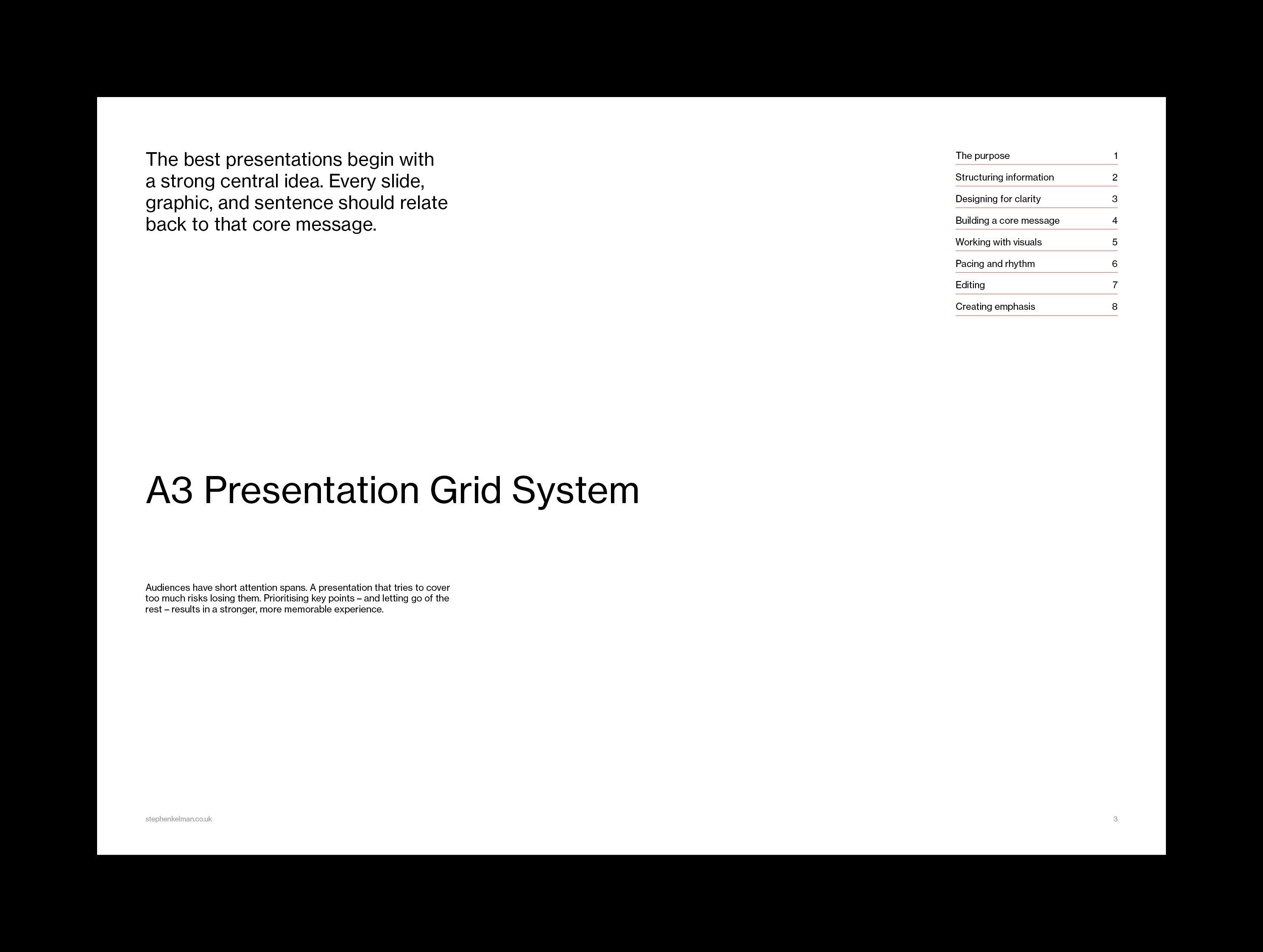 Light section divider with a core-message statement, red-ruled contents list and large title