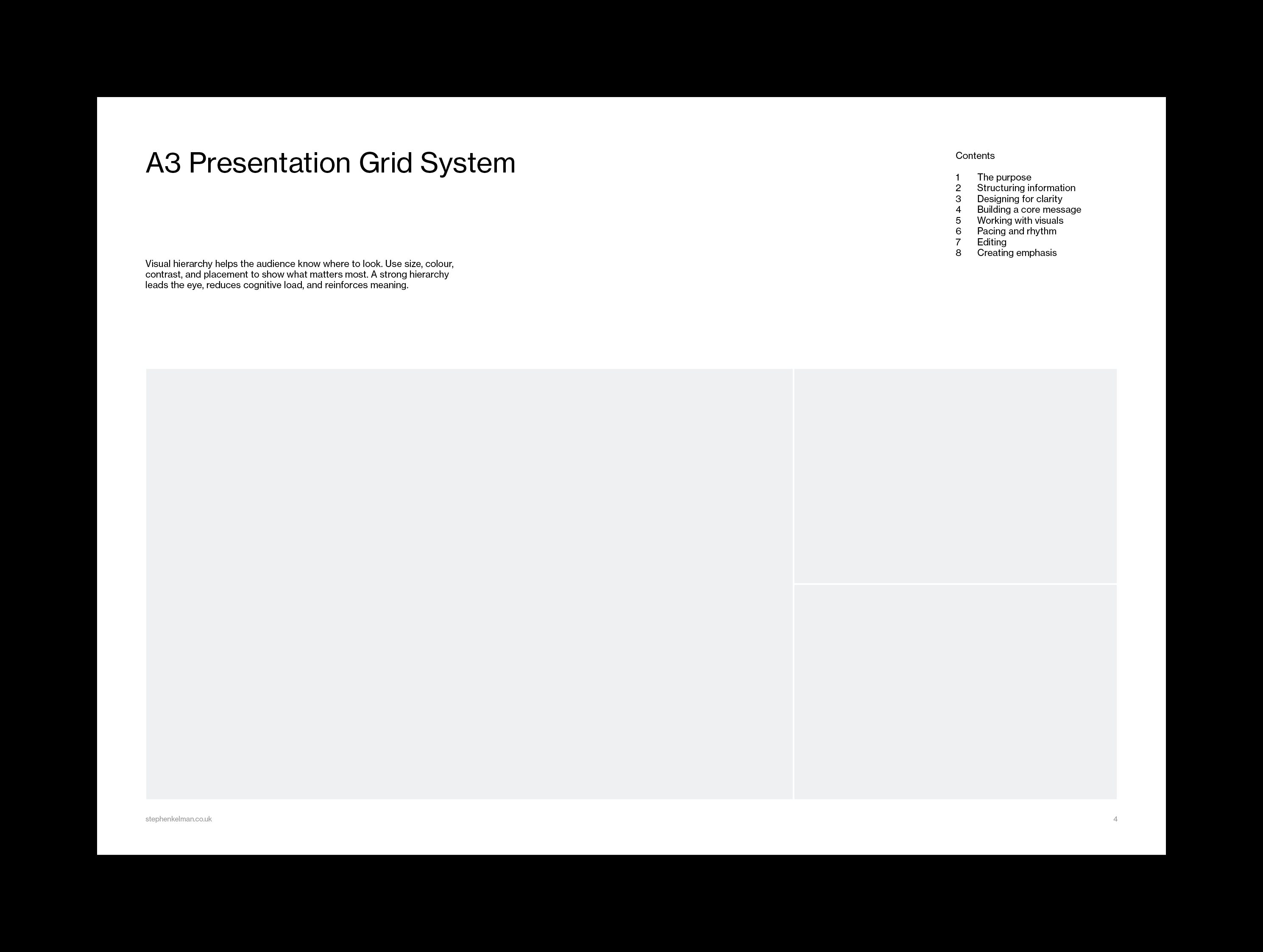 Sample slide placing a large image area beside two stacked panels under the title and contents
