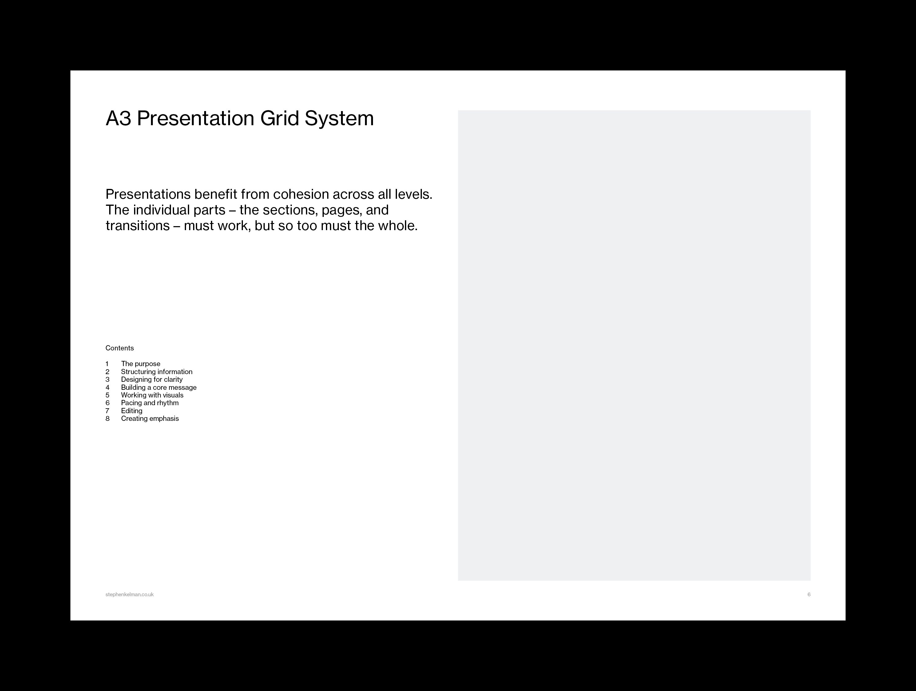 Split slide with a cohesion statement and contents on the left, image panel filling the right half
