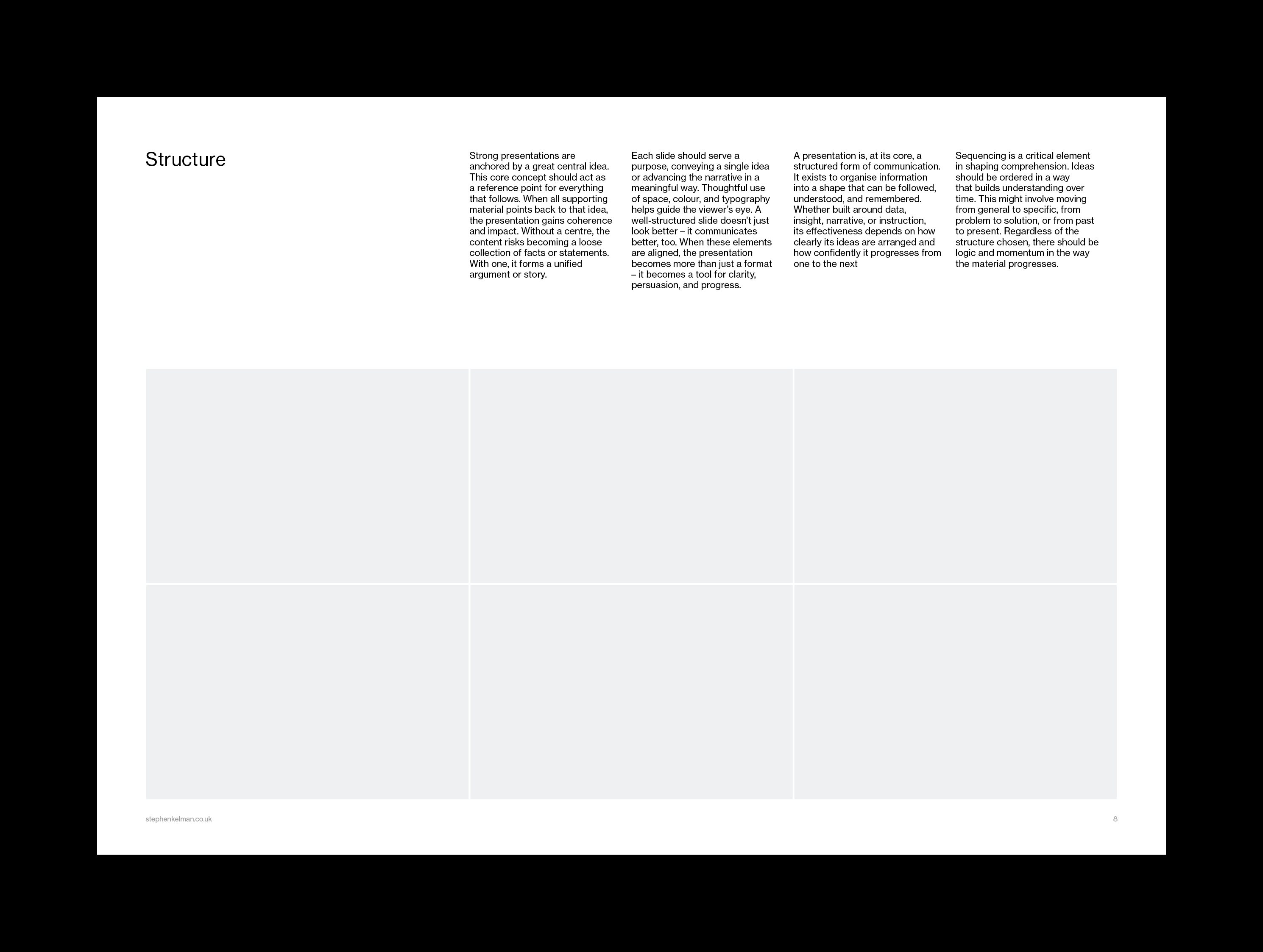 Structure slide with four narrow text columns above a six-panel image grid