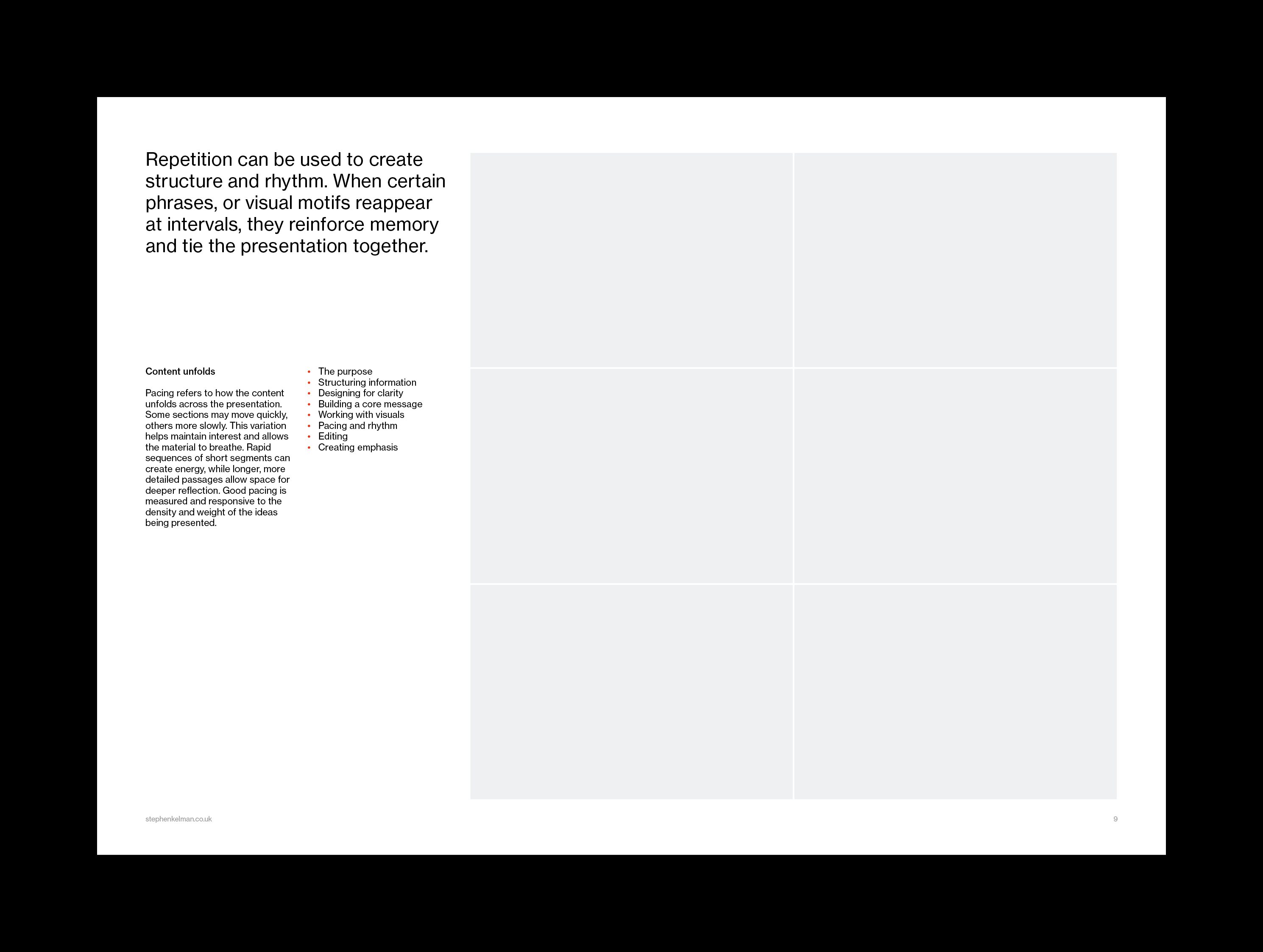 Rhythm and repetition slide, statement and pacing notes beside a grid of image placeholders